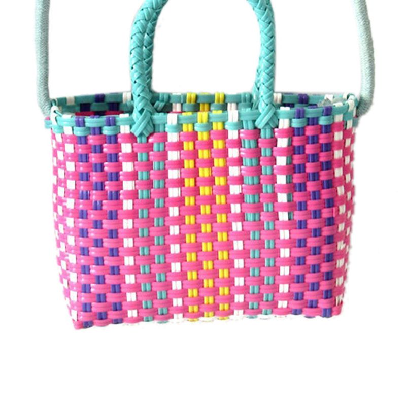 Woven Bag Colorful Plastic Strip Handle Small Cute Fashionable Square Bag for Summer Beach Green And Rose Red - Image 4