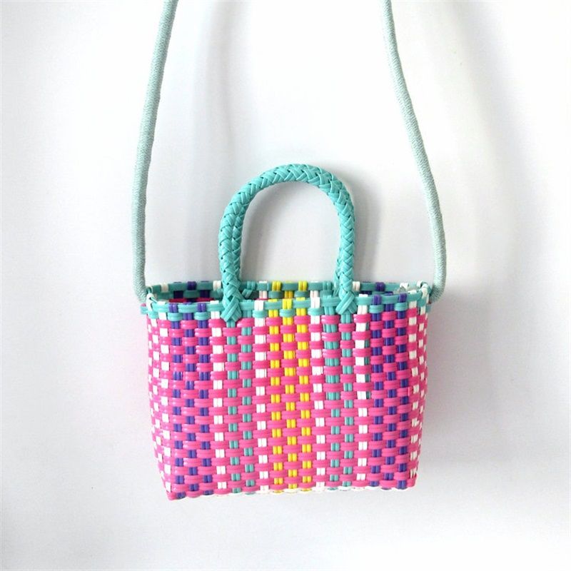 Woven Bag Colorful Plastic Strip Handle Small Cute Fashionable Square Bag for Summer Beach Green And Rose Red - Image 5