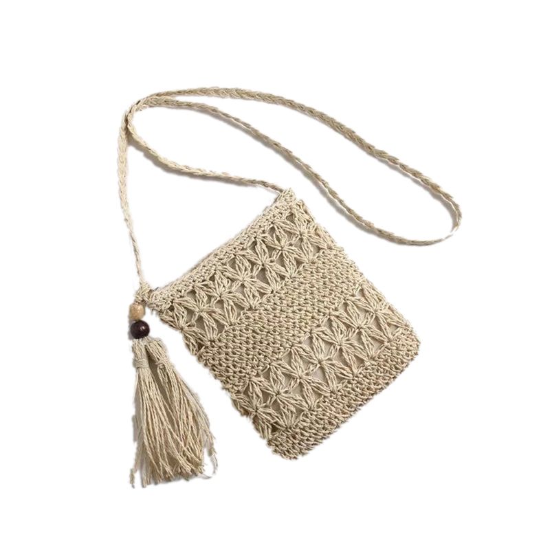 Straw Satchel Weave Bag Hand Knitting Square Shape Tassels Woven Bag for Beach Dating Beige - Image 1