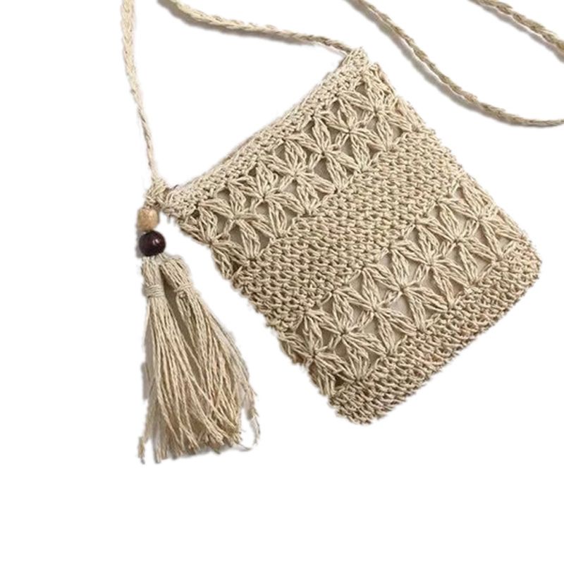 Straw Satchel Weave Bag Hand Knitting Square Shape Tassels Woven Bag for Beach Dating Beige - Image 2