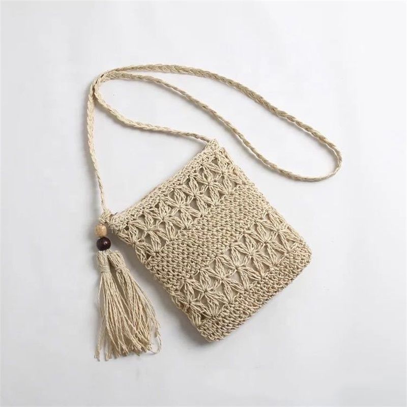 Straw Satchel Weave Bag Hand Knitting Square Shape Tassels Woven Bag for Beach Dating Beige - Image 5