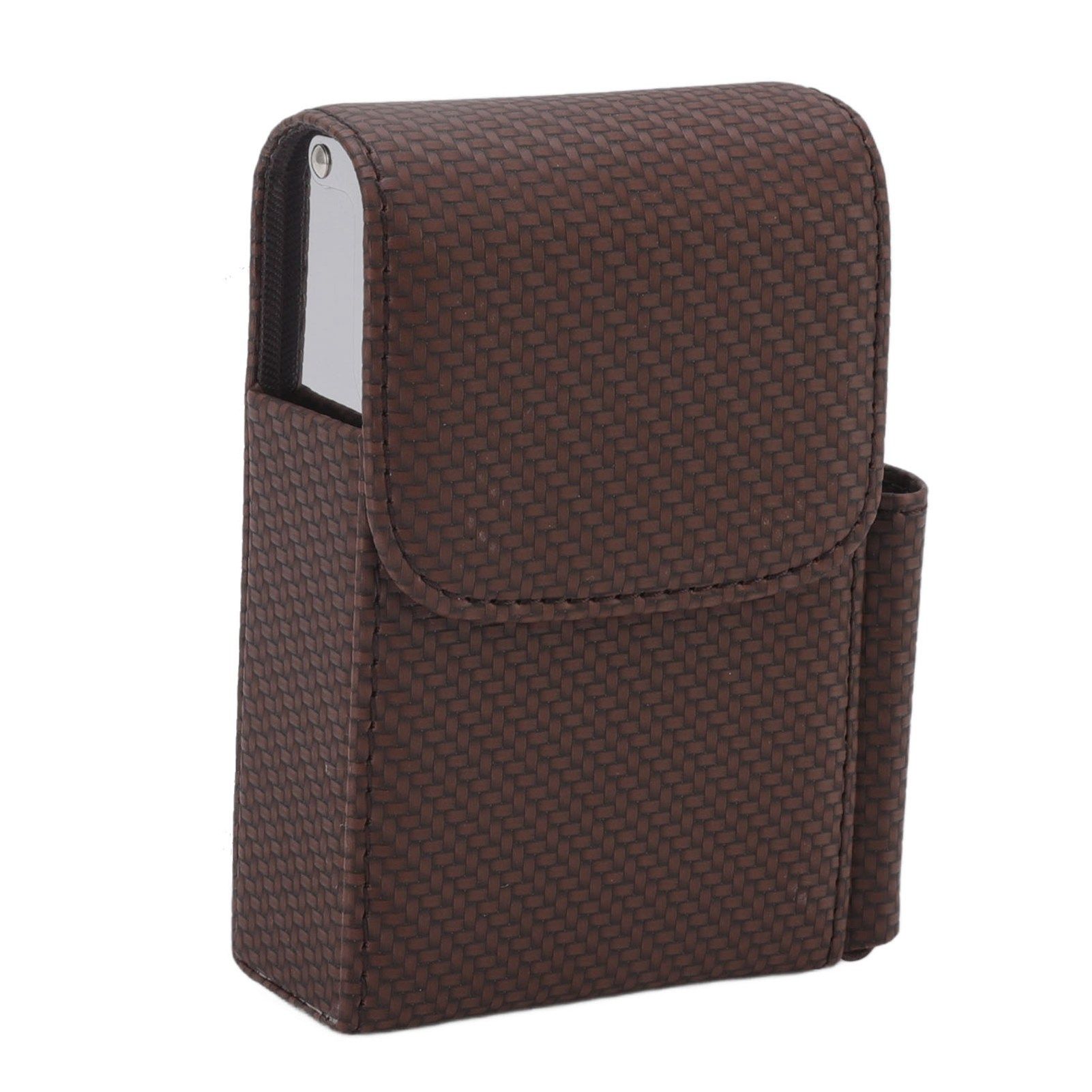 PU Leather Cigarette Box Woven Pattern Cigarette and Lighter Holder Multifunctional 20 Pieces Cigarette Case Brown - Image 3
