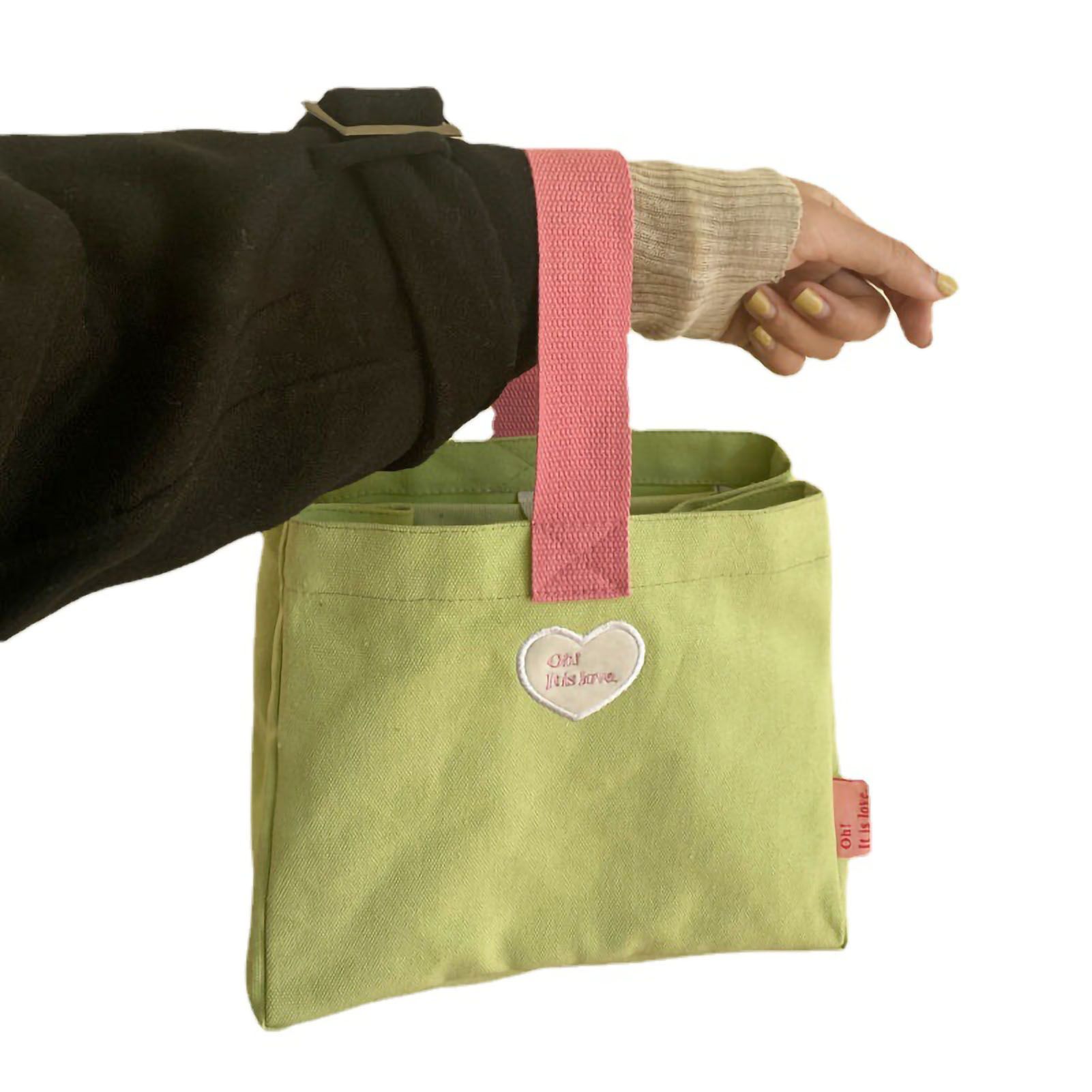 Bento Bag Heart Letter Embroidery Pattern Inner Pocket Storage Button Canvas Material Portable Lunch Box Bag Green - Image 1