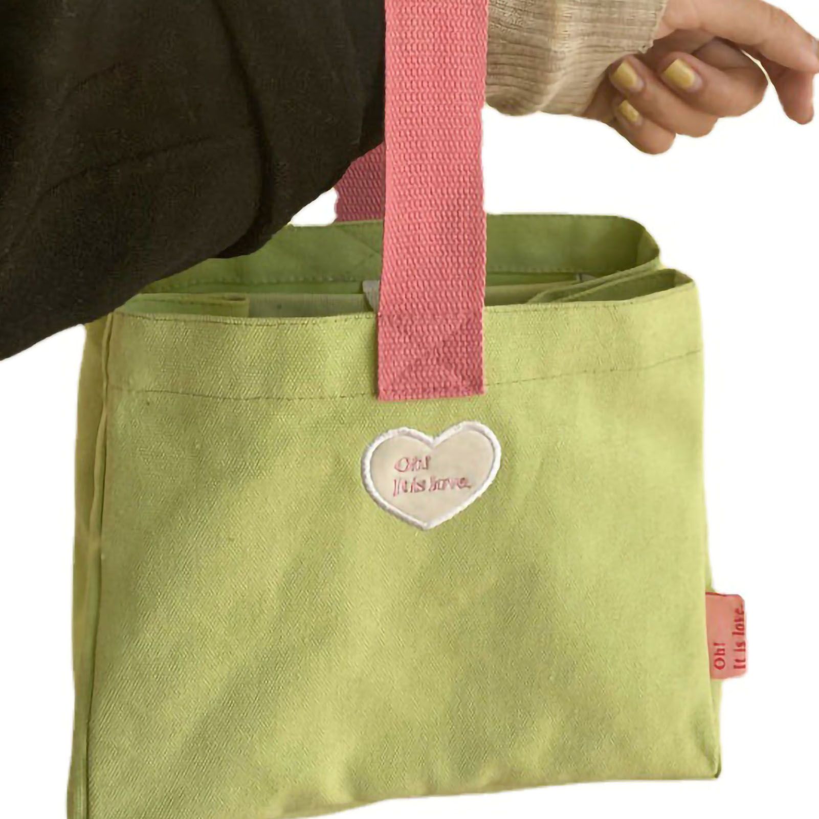 Bento Bag Heart Letter Embroidery Pattern Inner Pocket Storage Button Canvas Material Portable Lunch Box Bag Green - Image 2
