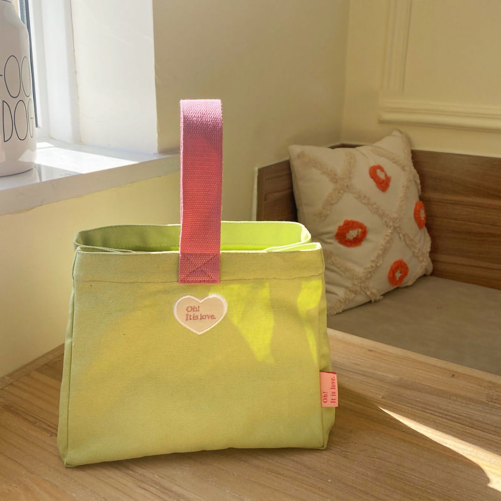 Bento Bag Heart Letter Embroidery Pattern Inner Pocket Storage Button Canvas Material Portable Lunch Box Bag Green - Image 5