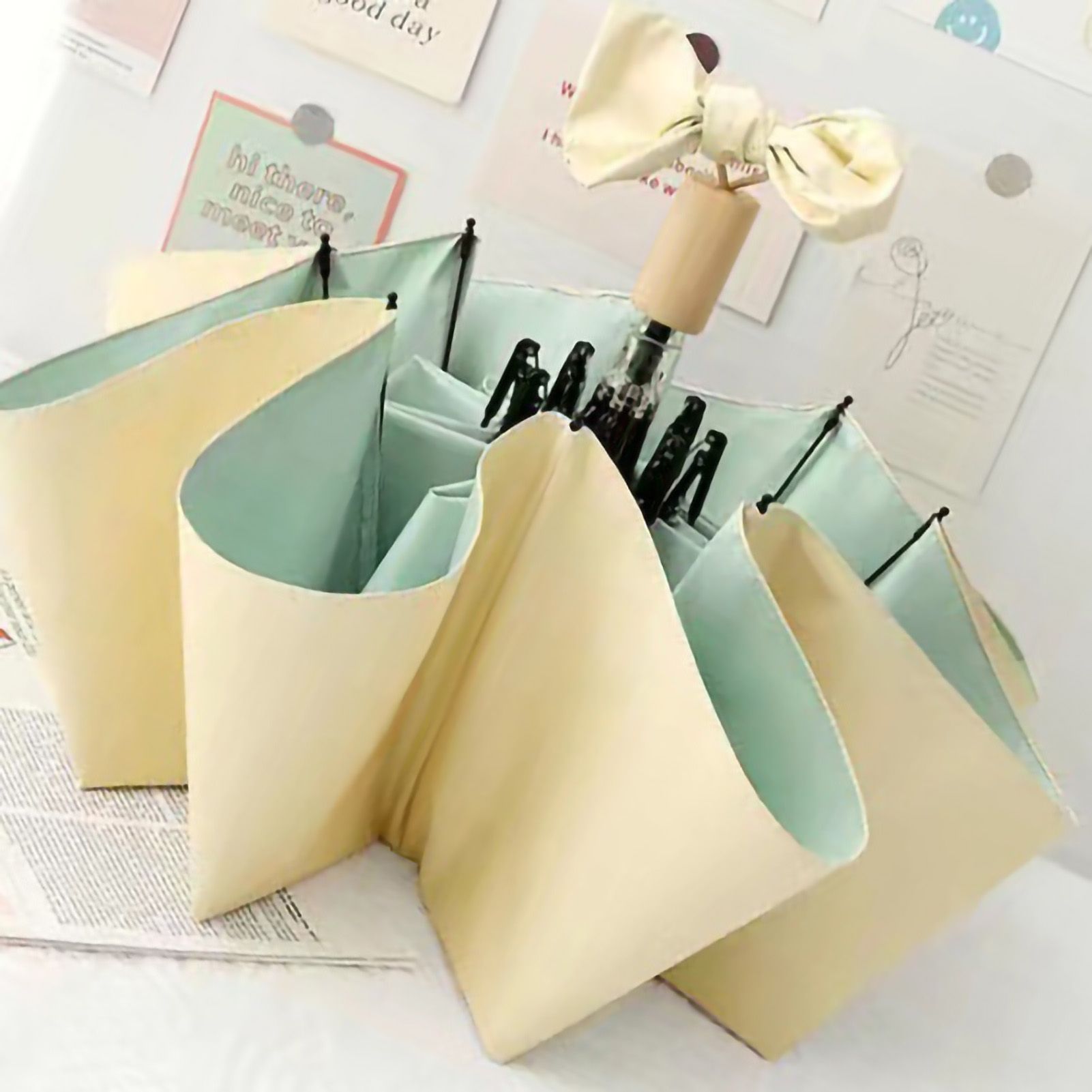 Folding Sun Umbrella UV Blocking Pure Color Black Rubber Sunscreen Umbrella for Rain Or Shine Yellow and Green - Image 3