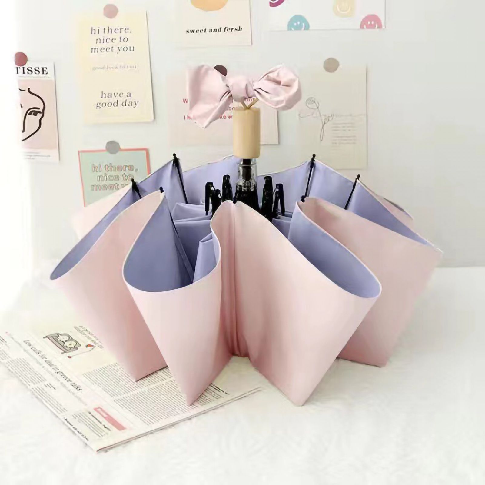 Folding Sun Umbrella UV Blocking Pure Color Black Rubber Sunscreen Umbrella for Rain Or Shine Pink and Purple - Image 1