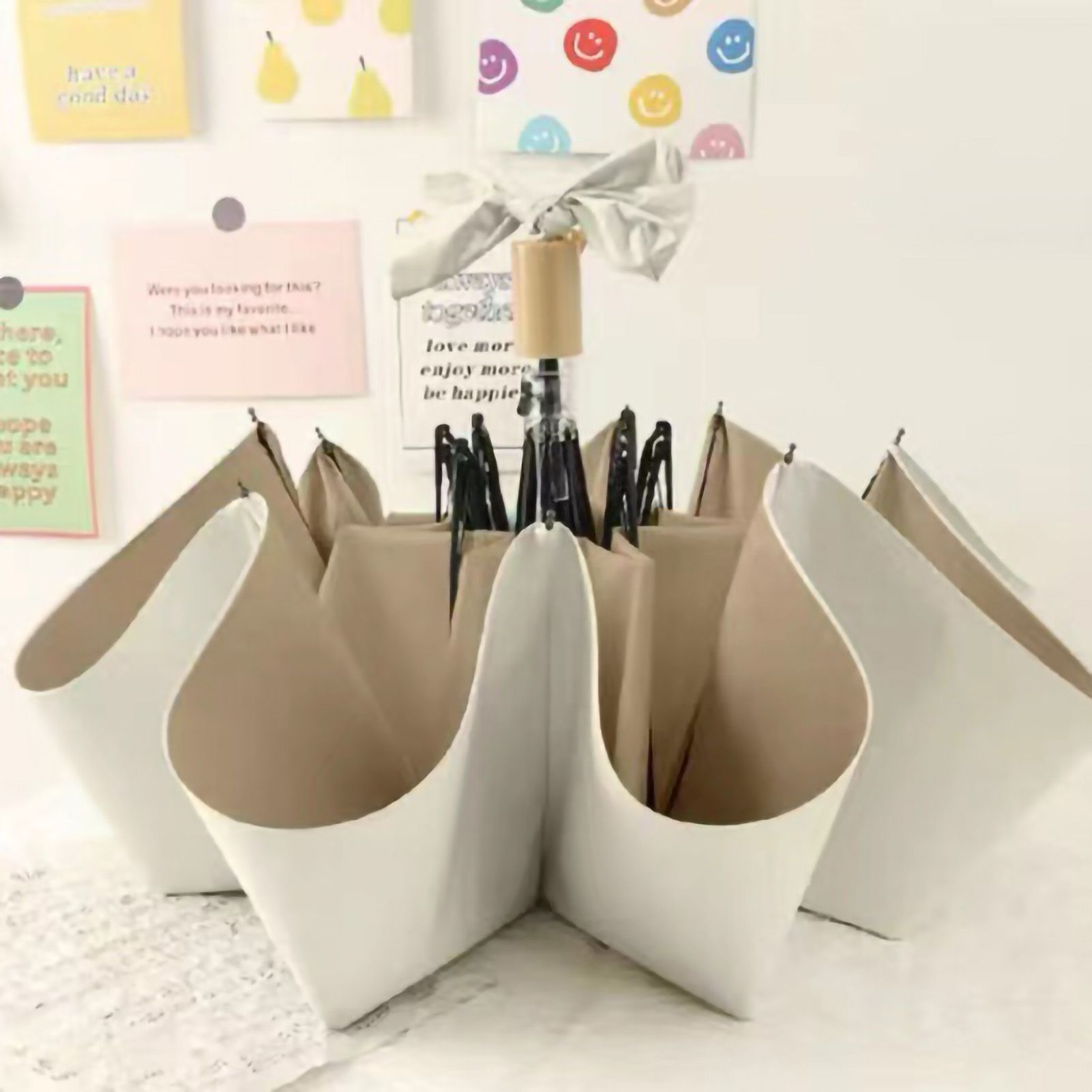 Folding Sun Umbrella UV Blocking Pure Color Black Rubber Sunscreen Umbrella for Rain Or Shine White and Brown - Image 1