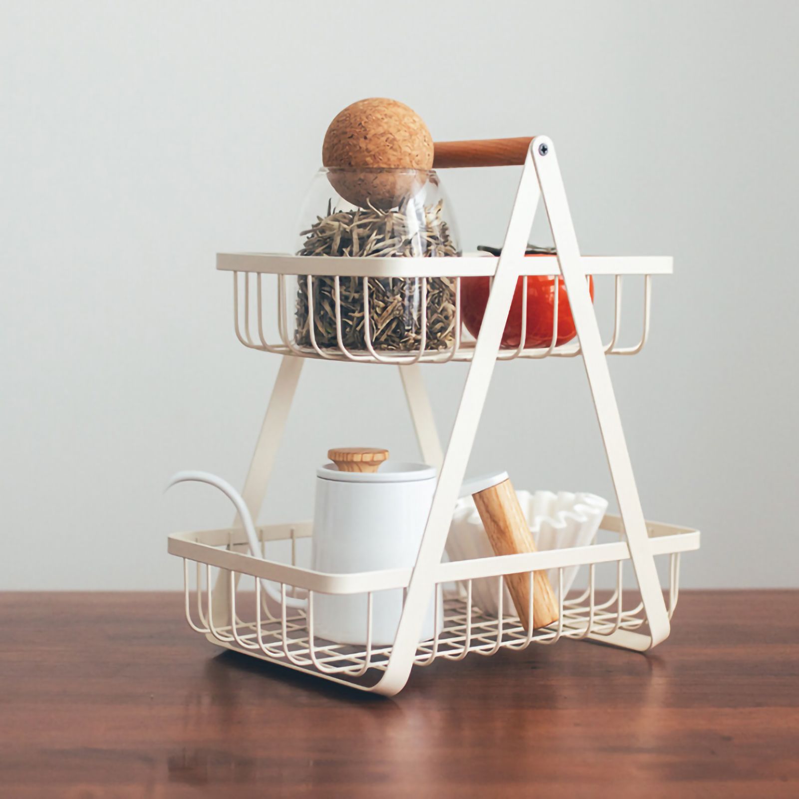 Storage Basket Iron Wood 2 Layers Detachable Fruit Vegetable Shelf Rack for Living Room Kitchen Desktop White - Image 1