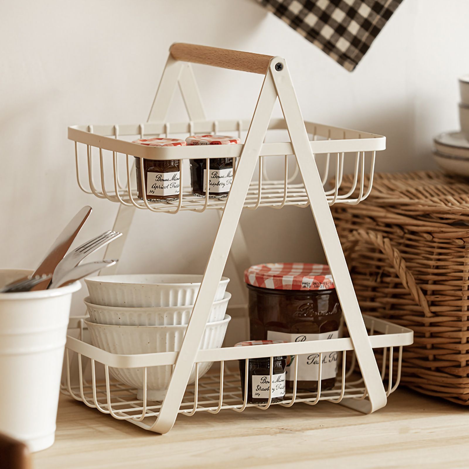 Storage Basket Iron Wood 2 Layers Detachable Fruit Vegetable Shelf Rack for Living Room Kitchen Desktop White - Image 2