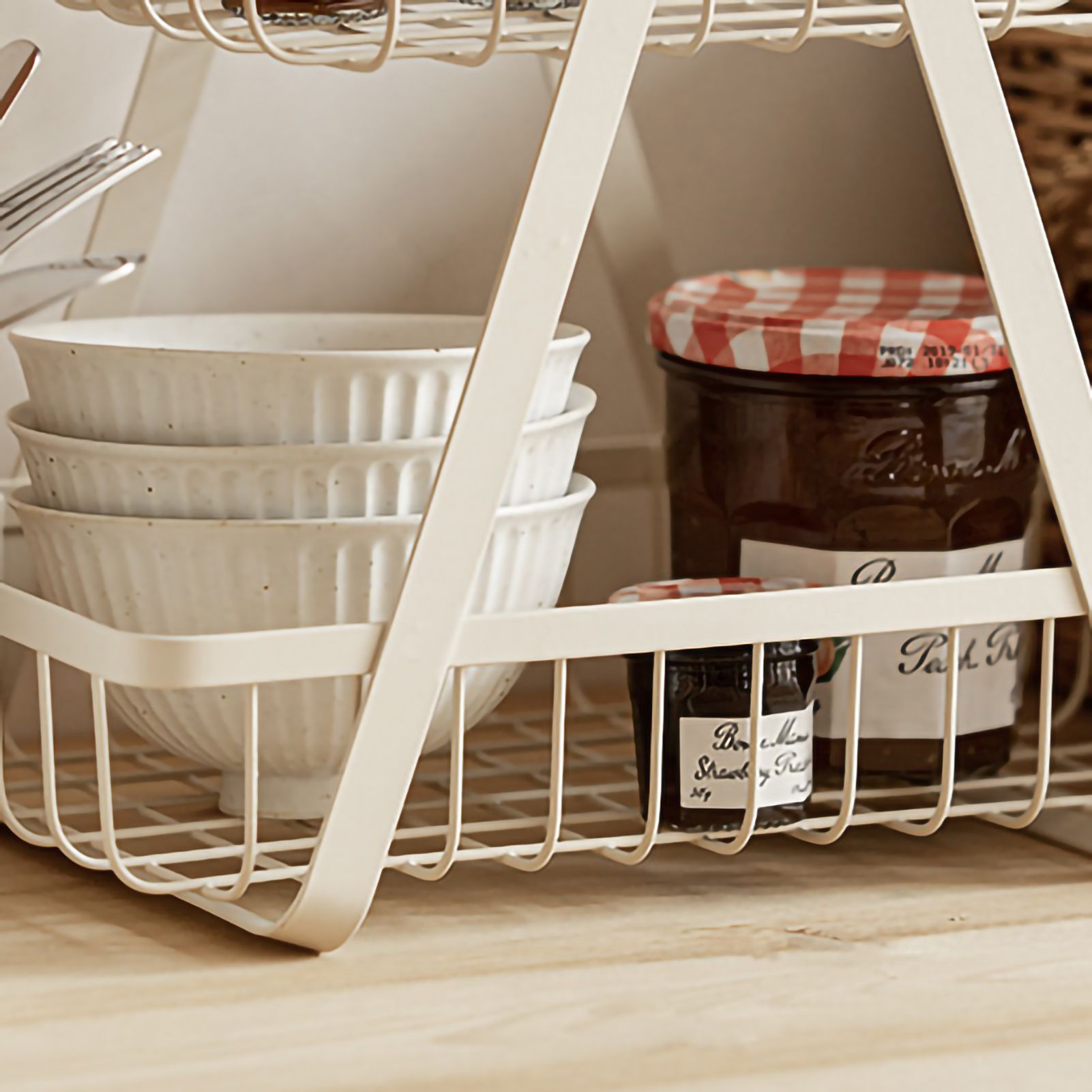 Storage Basket Iron Wood 2 Layers Detachable Fruit Vegetable Shelf Rack for Living Room Kitchen Desktop White - Image 3