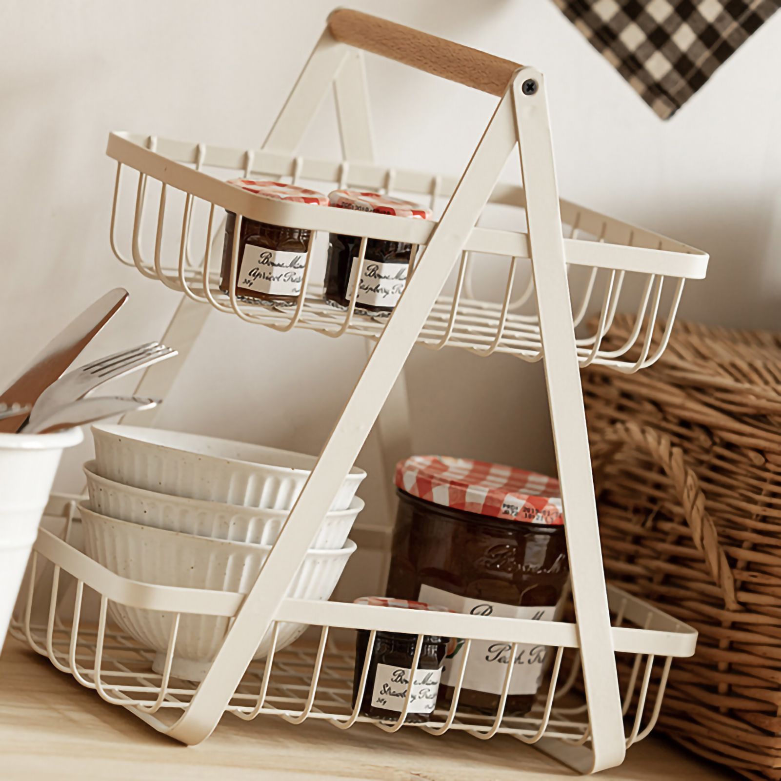 Storage Basket Iron Wood 2 Layers Detachable Fruit Vegetable Shelf Rack for Living Room Kitchen Desktop White - Image 4