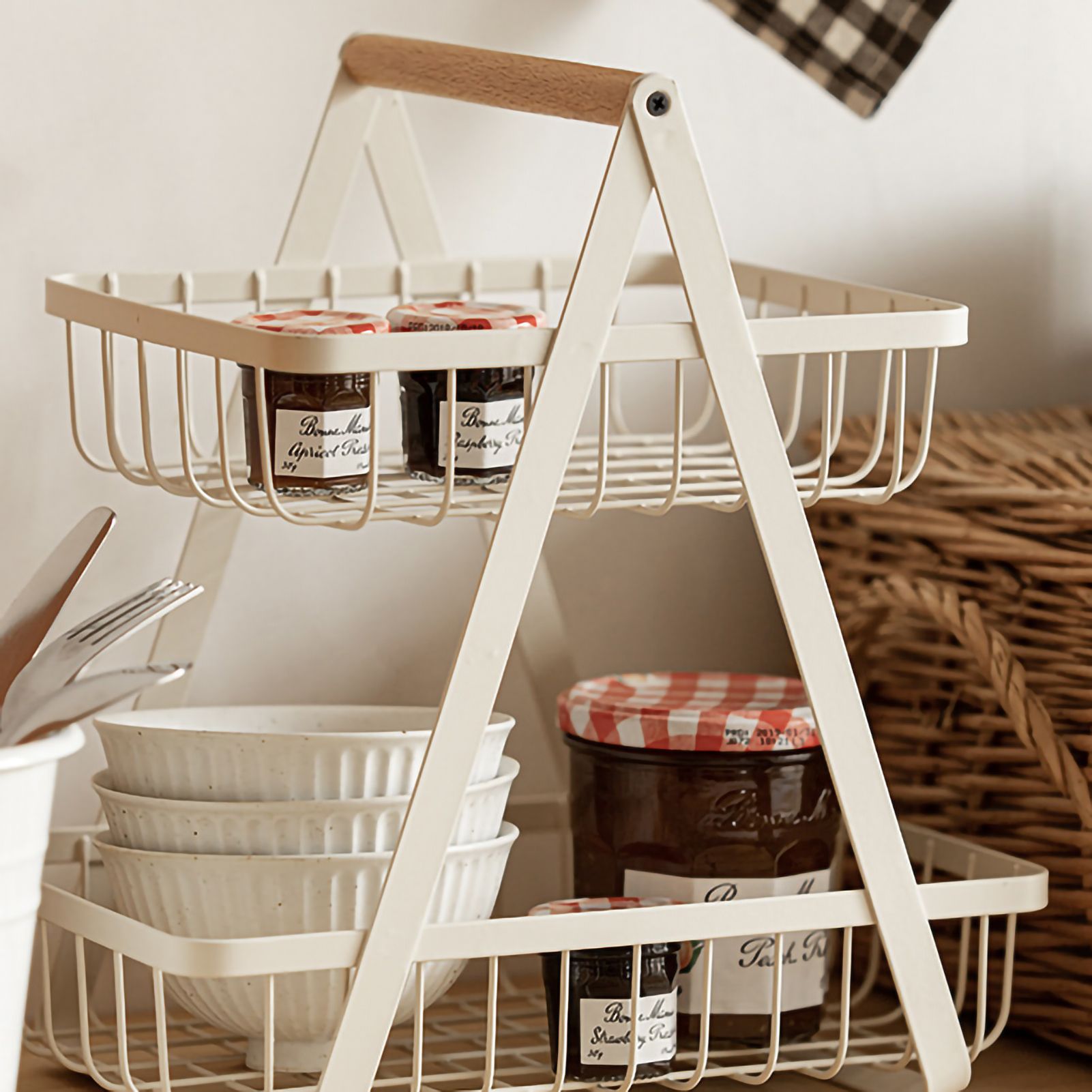 Storage Basket Iron Wood 2 Layers Detachable Fruit Vegetable Shelf Rack for Living Room Kitchen Desktop White - Image 5