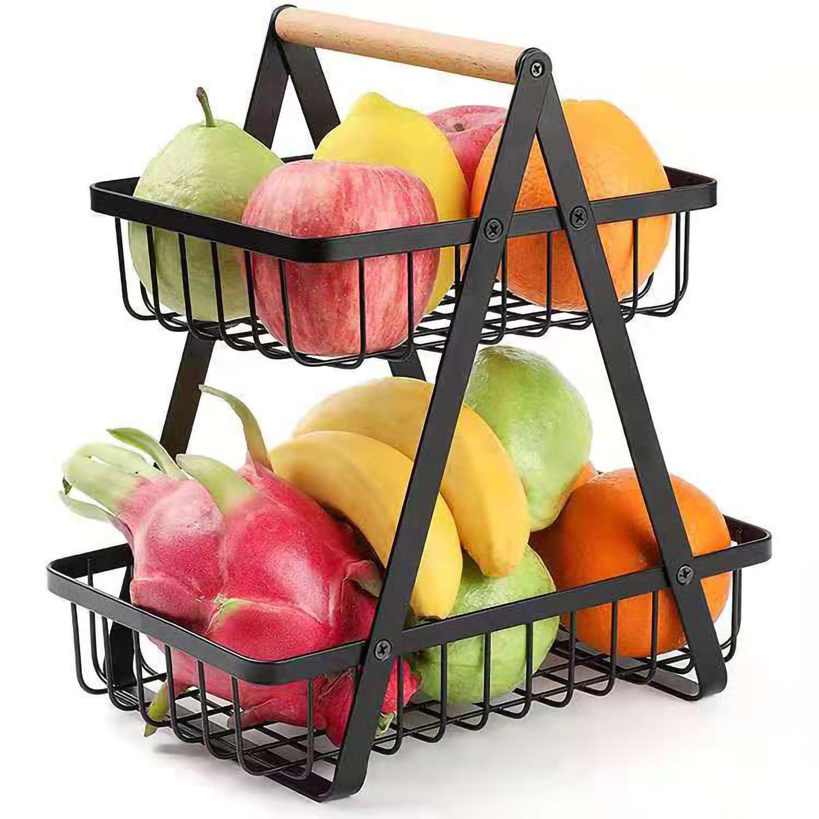 Storage Basket Iron Wood 2 Layers Detachable Fruit Vegetable Shelf Rack for Living Room Kitchen Desktop Black - Image 1