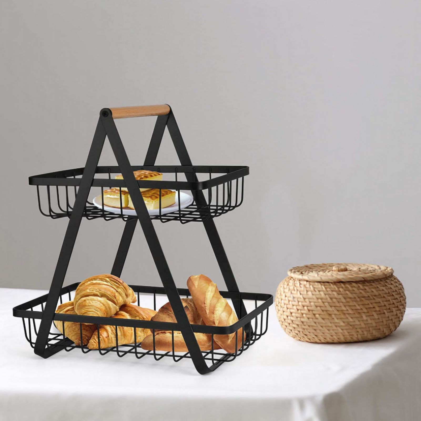 Storage Basket Iron Wood 2 Layers Detachable Fruit Vegetable Shelf Rack for Living Room Kitchen Desktop Black - Image 3