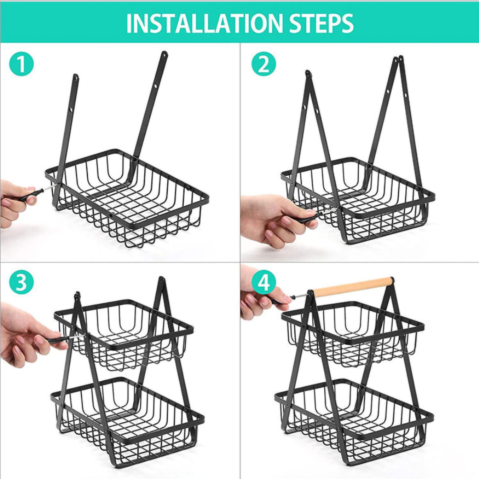 Storage Basket Iron Wood 2 Layers Detachable Fruit Vegetable Shelf Rack for Living Room Kitchen Desktop Black - Image 4