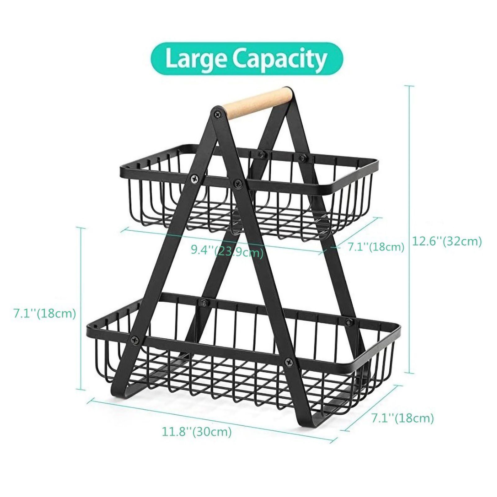 Storage Basket Iron Wood 2 Layers Detachable Fruit Vegetable Shelf Rack for Living Room Kitchen Desktop Black - Image 5
