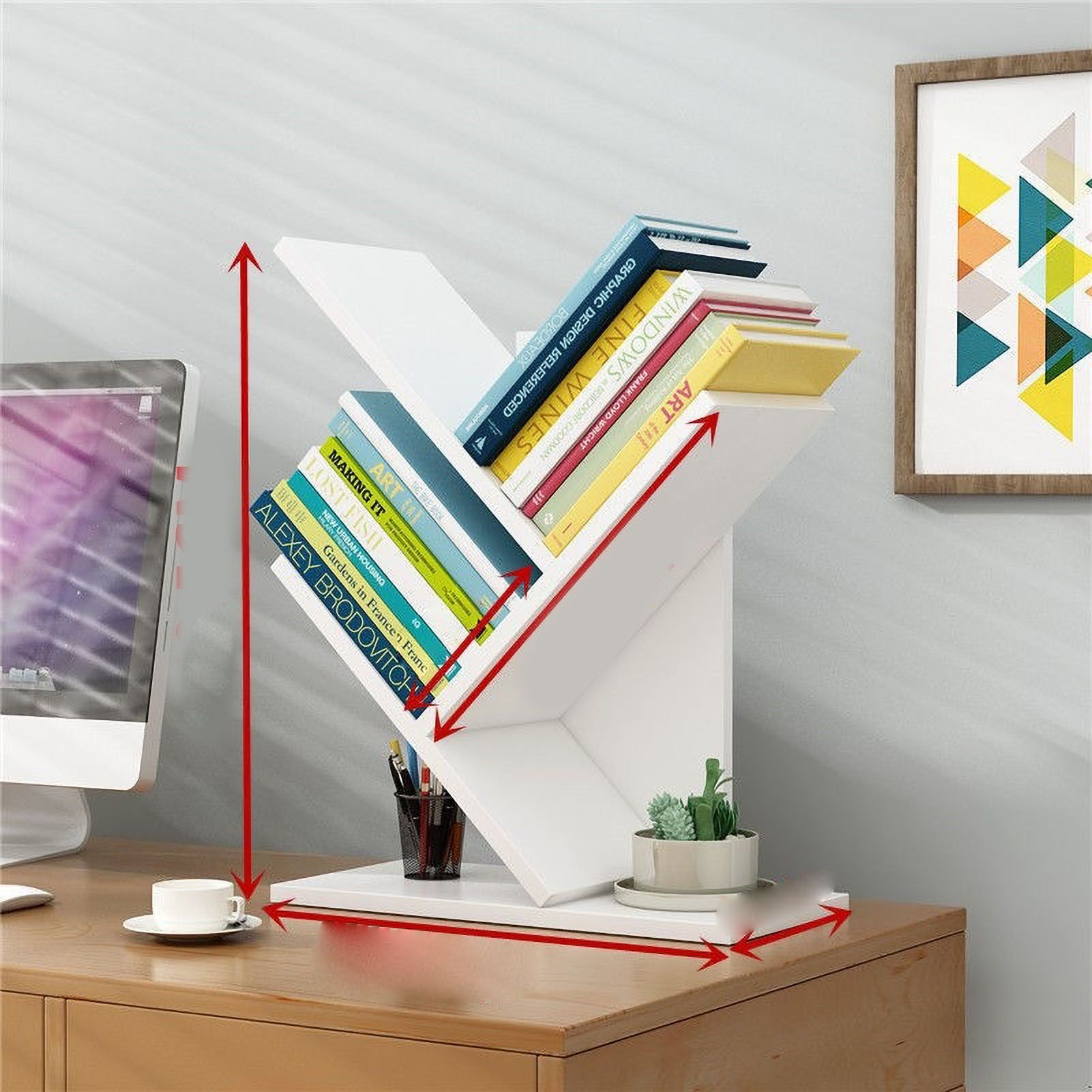 Tree Bookshelf Solid Wood Ingenious 3 Tier Space Saving Book Storage Organizer Shelves for Office Home School White - Image 1