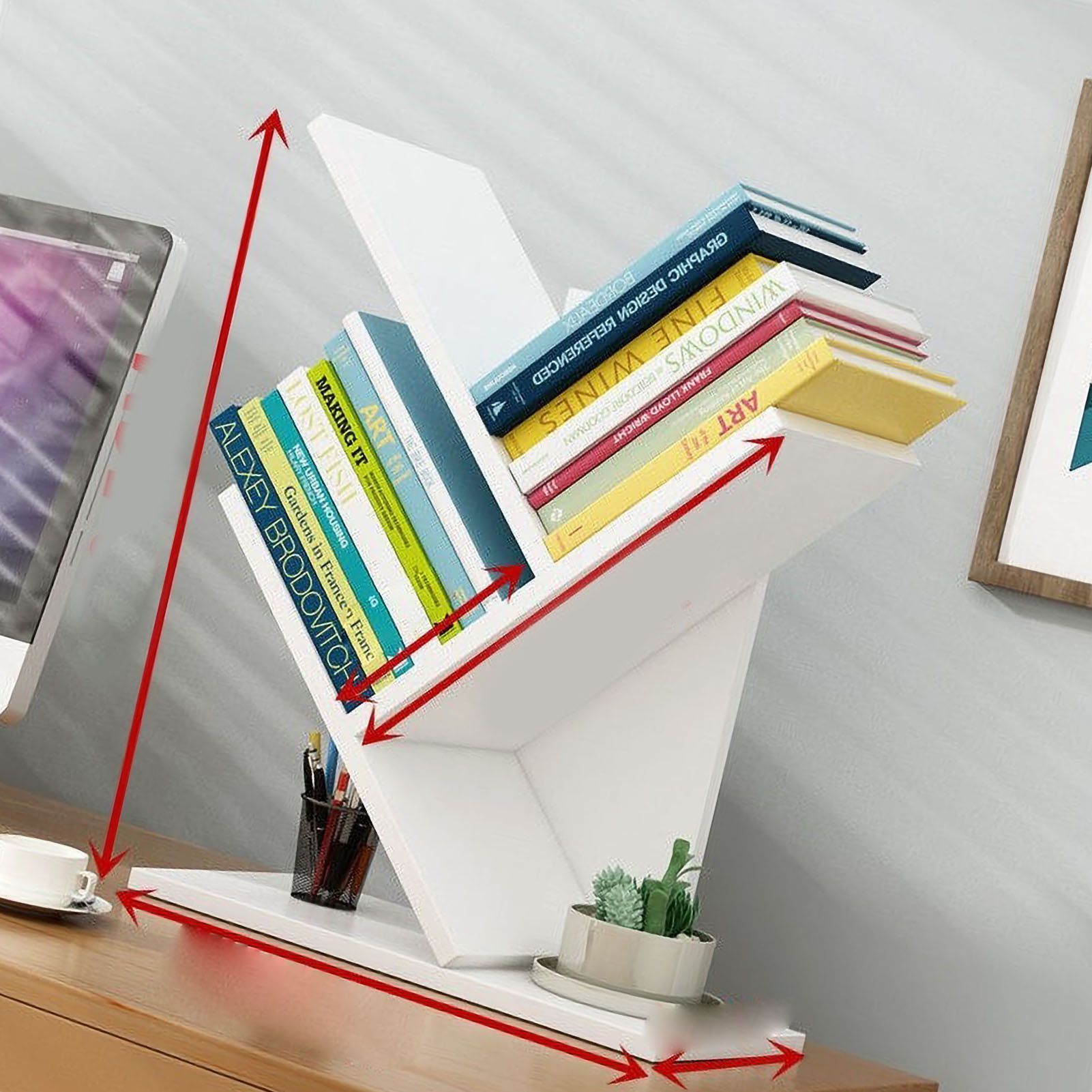 Tree Bookshelf Solid Wood Ingenious 3 Tier Space Saving Book Storage Organizer Shelves for Office Home School White - Image 3