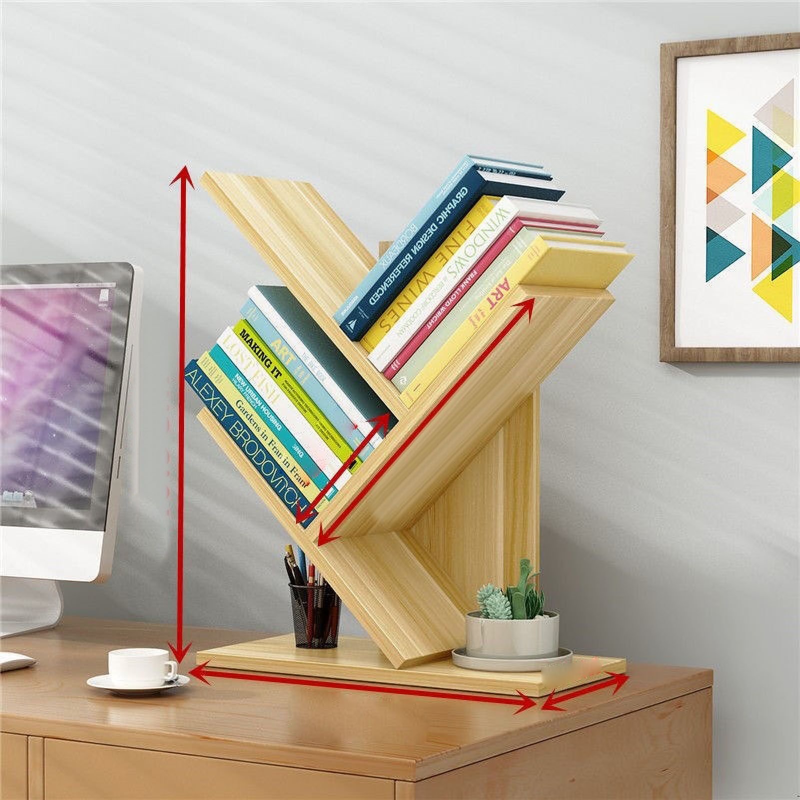 Tree Bookshelf Solid Wood Ingenious 3 Tier Space Saving Book Storage Organizer Shelves for Office Home School Light Walnut Color - Image 1
