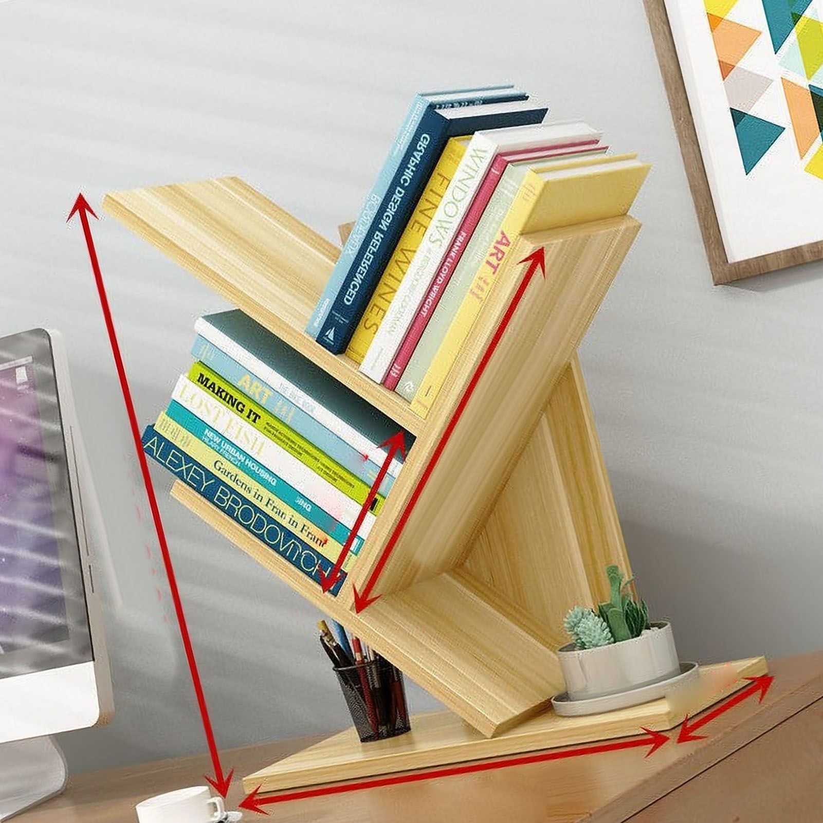 Tree Bookshelf Solid Wood Ingenious 3 Tier Space Saving Book Storage Organizer Shelves for Office Home School Light Walnut Color - Image 3