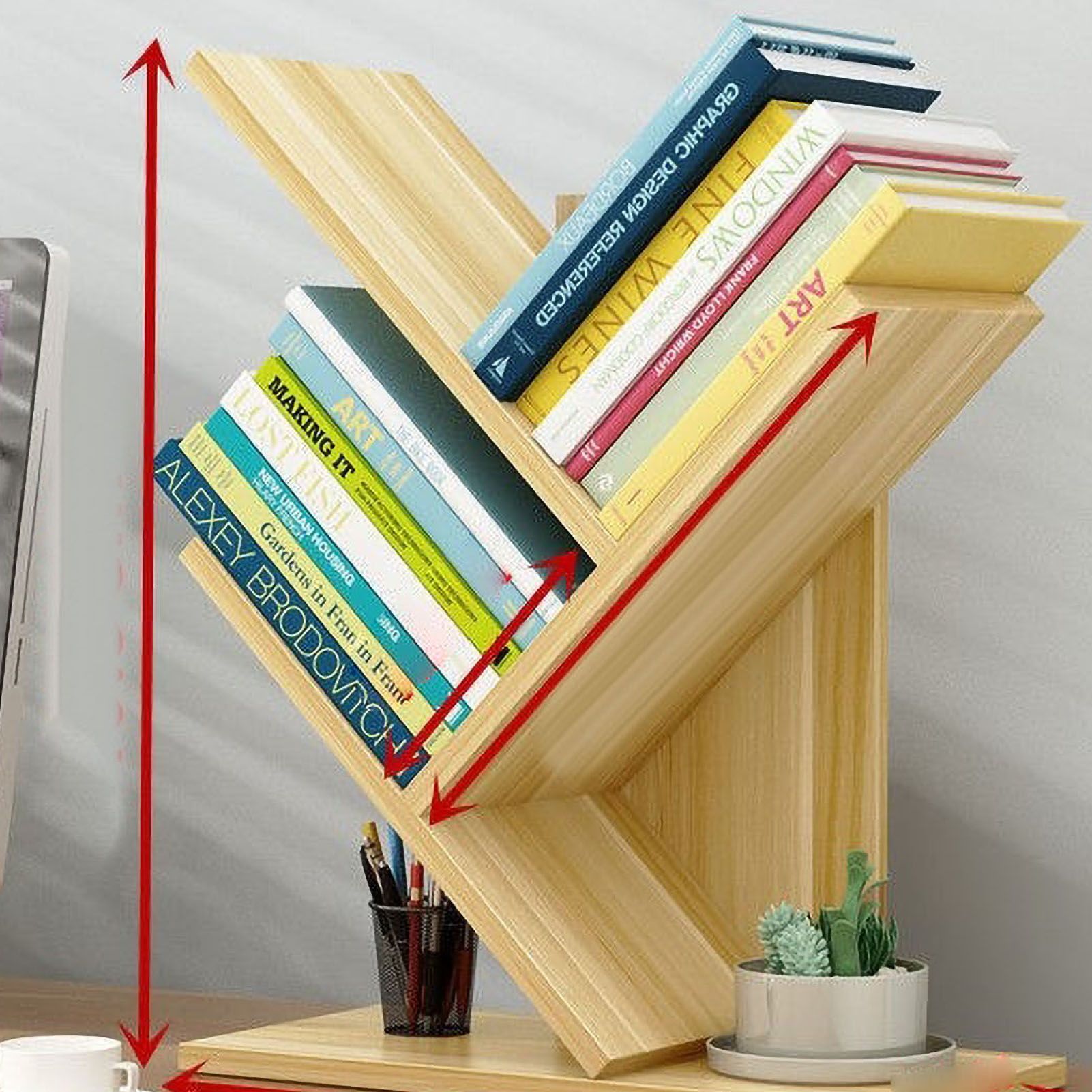 Tree Bookshelf Solid Wood Ingenious 3 Tier Space Saving Book Storage Organizer Shelves for Office Home School Light Walnut Color - Image 5