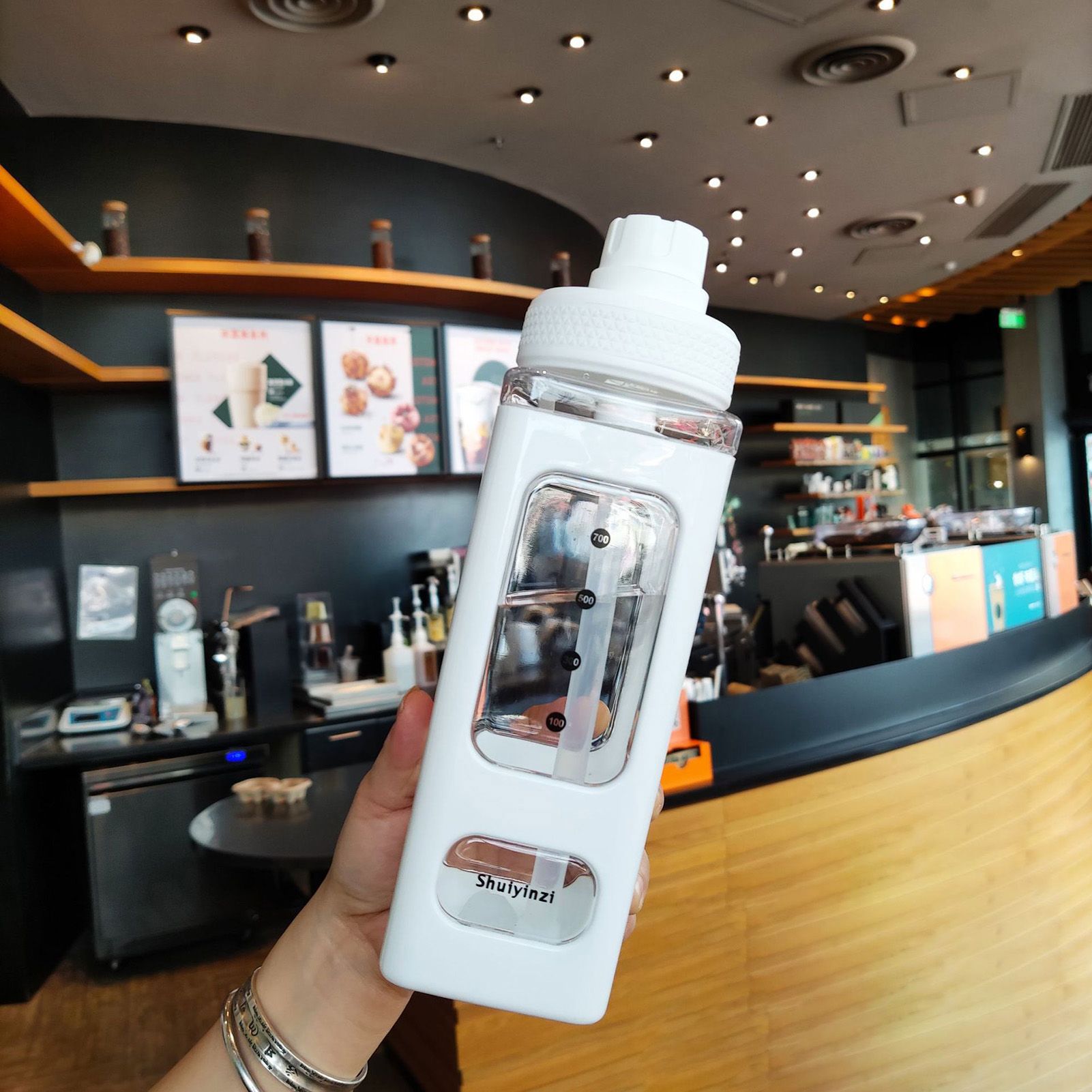 Straw Water Bottle with Marker 700ml Large Capacity Double Layer Water Jug for Home Gym School White - Image 1