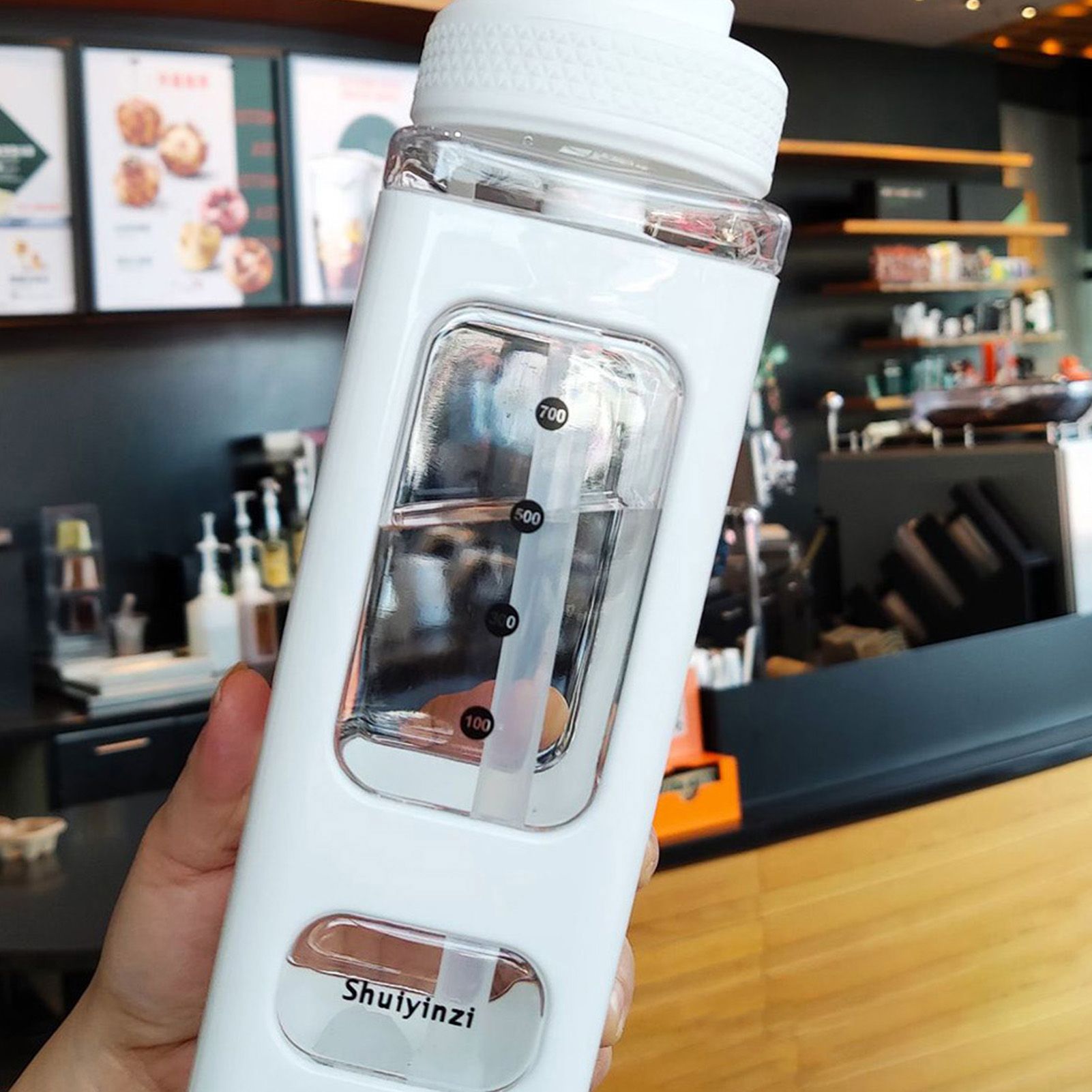 Straw Water Bottle with Marker 700ml Large Capacity Double Layer Water Jug for Home Gym School White - Image 2