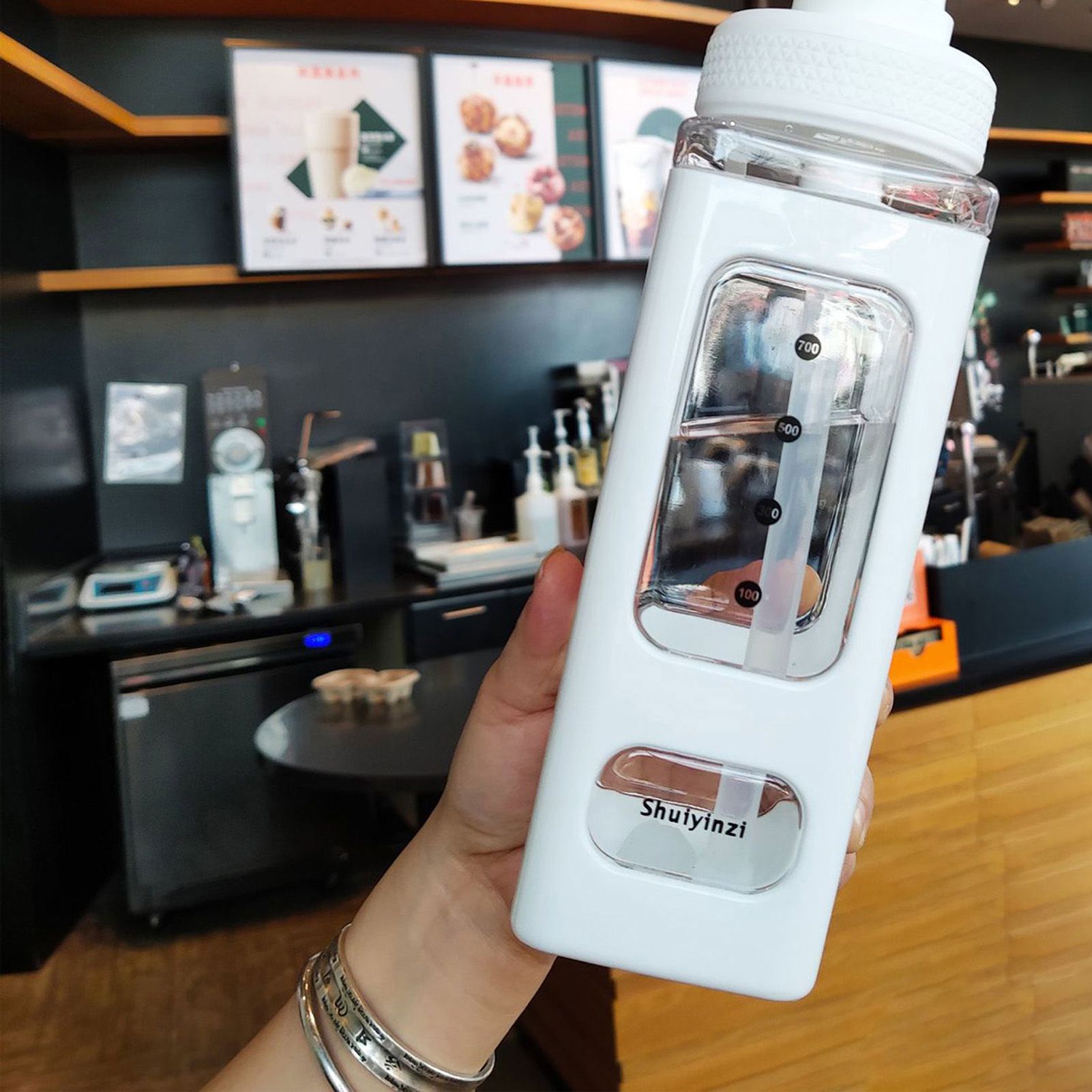 Straw Water Bottle with Marker 700ml Large Capacity Double Layer Water Jug for Home Gym School White - Image 3