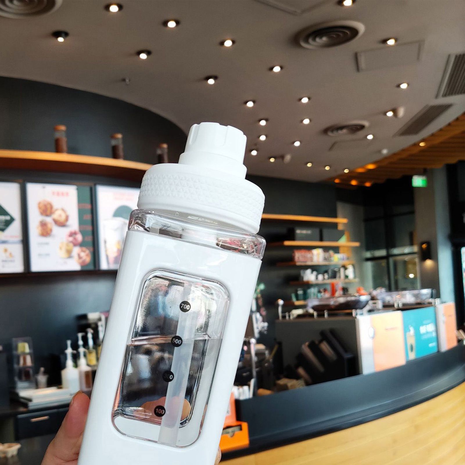 Straw Water Bottle with Marker 700ml Large Capacity Double Layer Water Jug for Home Gym School White - Image 4