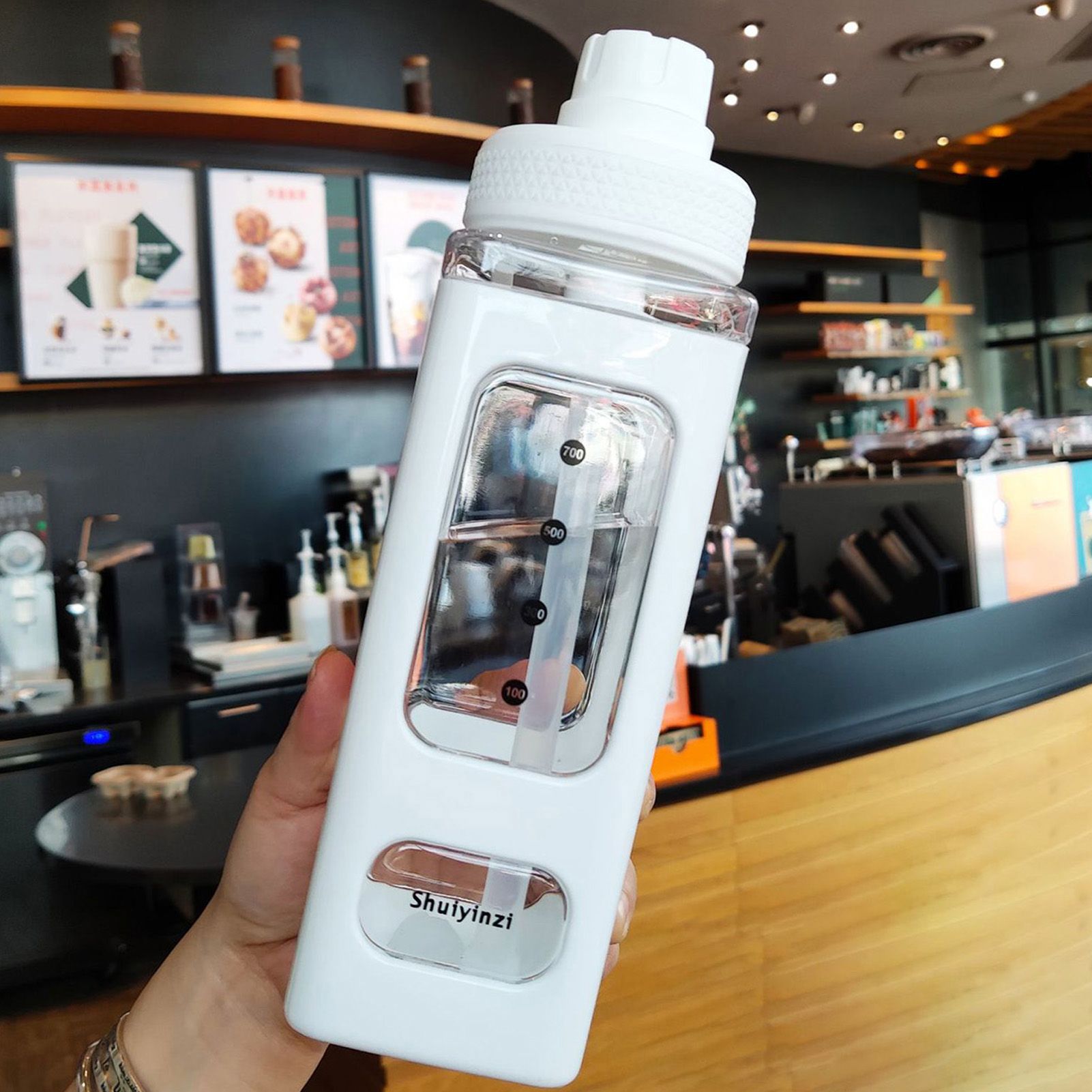 Straw Water Bottle with Marker 700ml Large Capacity Double Layer Water Jug for Home Gym School White - Image 5
