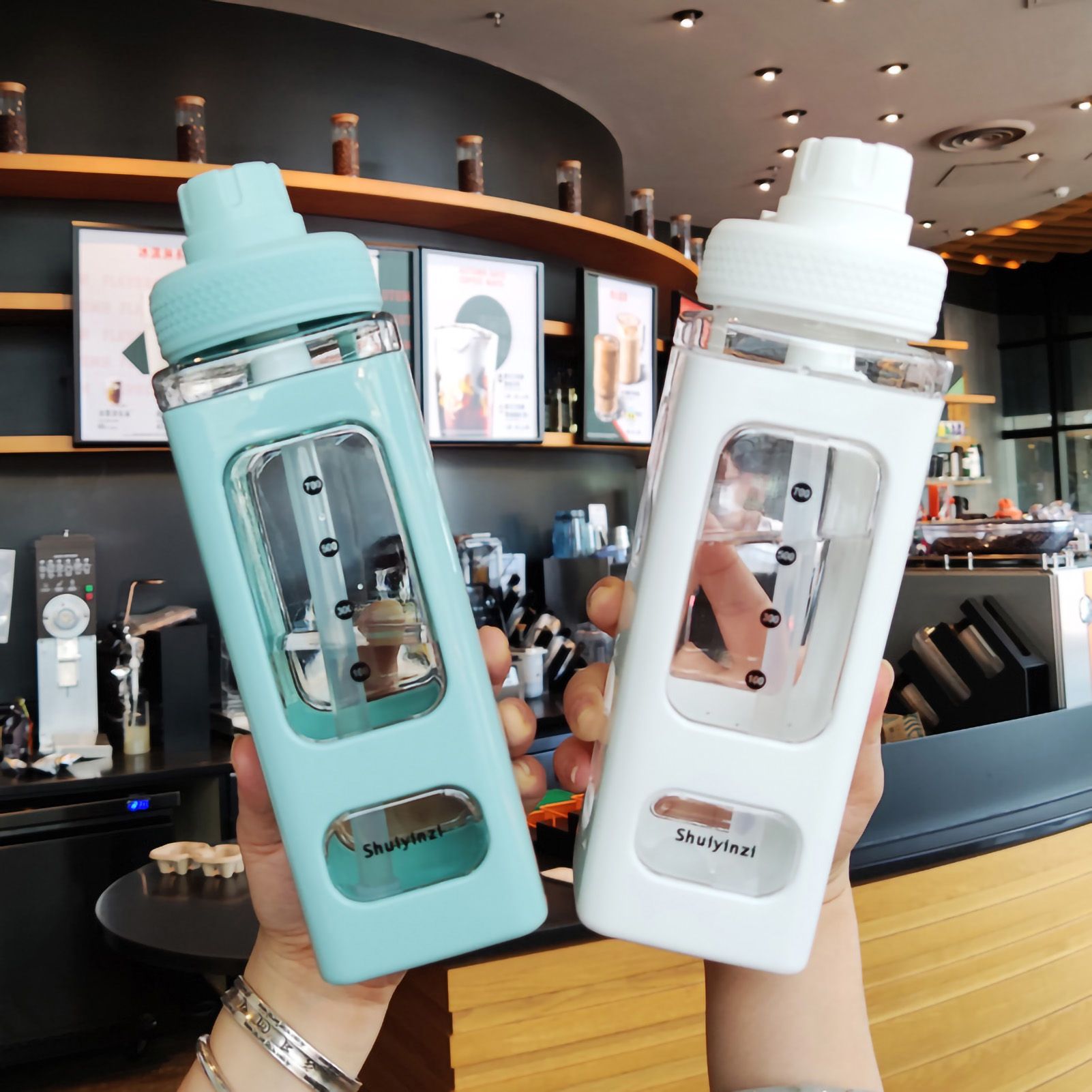 Straw Water Bottle with Marker 700ml Large Capacity Double Layer Water Jug for Home Gym School Green - Image 3