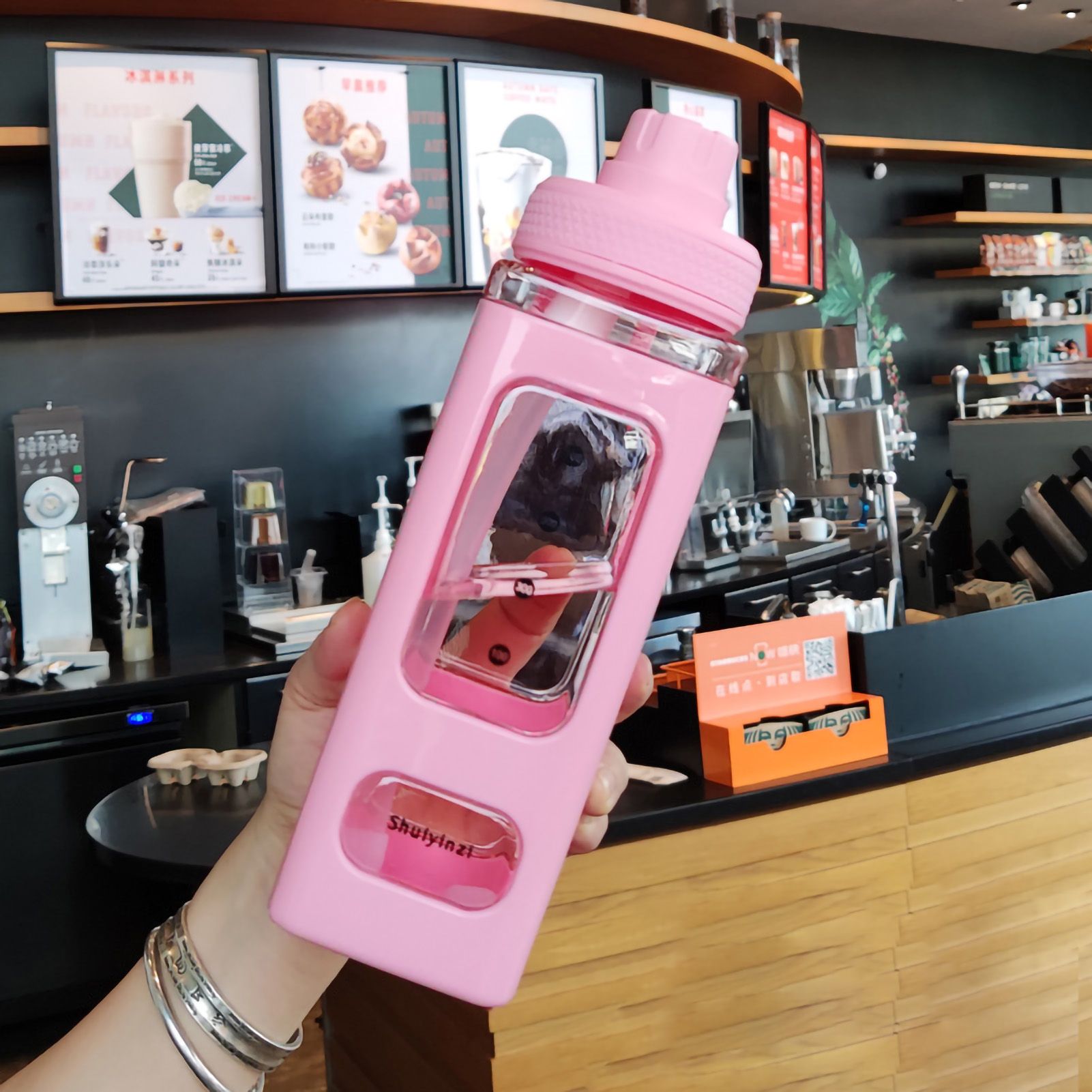 Straw Water Bottle with Marker 700ml Large Capacity Double Layer Water Jug for Home Gym School Pink - Image 1