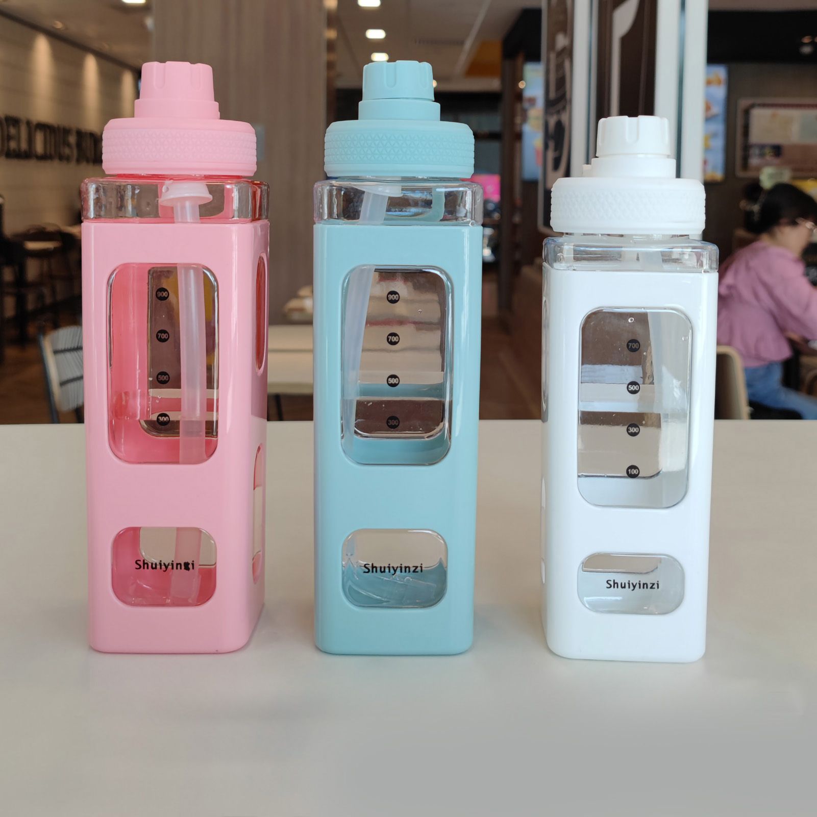 Straw Water Bottle with Marker 700ml Large Capacity Double Layer Water Jug for Home Gym School Pink - Image 2