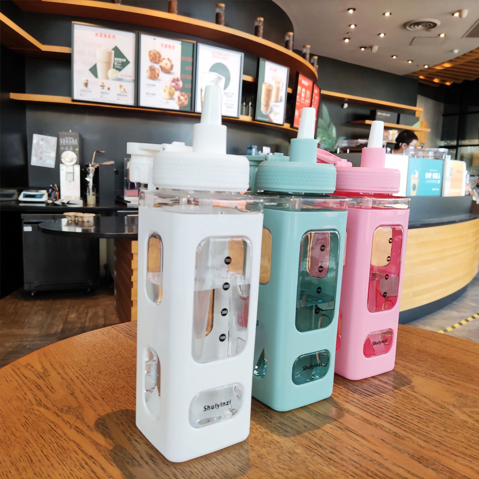 Straw Water Bottle with Marker 700ml Large Capacity Double Layer Water Jug for Home Gym School Pink - Image 3