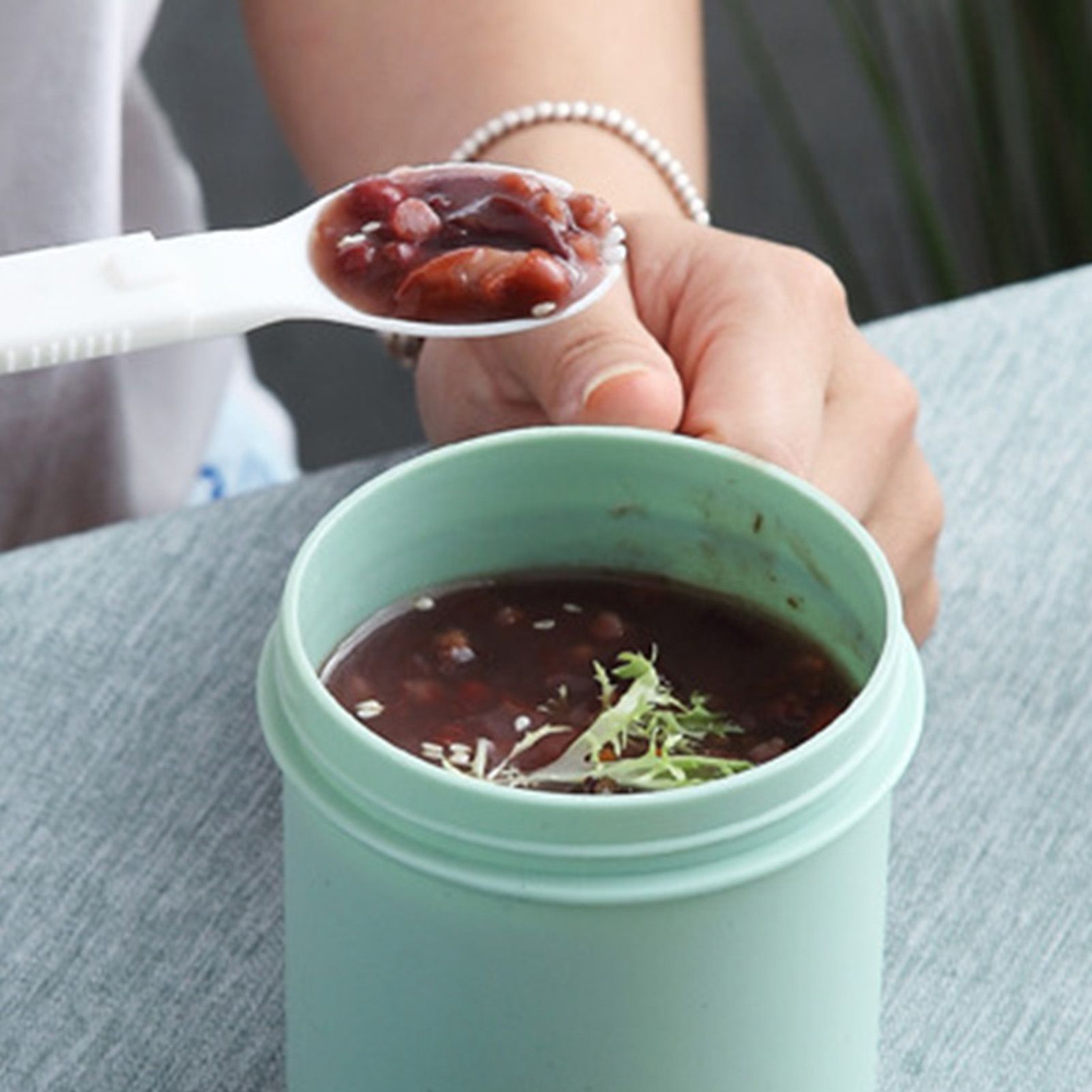 500ML Soup Cup Portable Steady Plastic Insulated Soup Containers with Lid and Spoon for Office School 500ML Green - Image 4