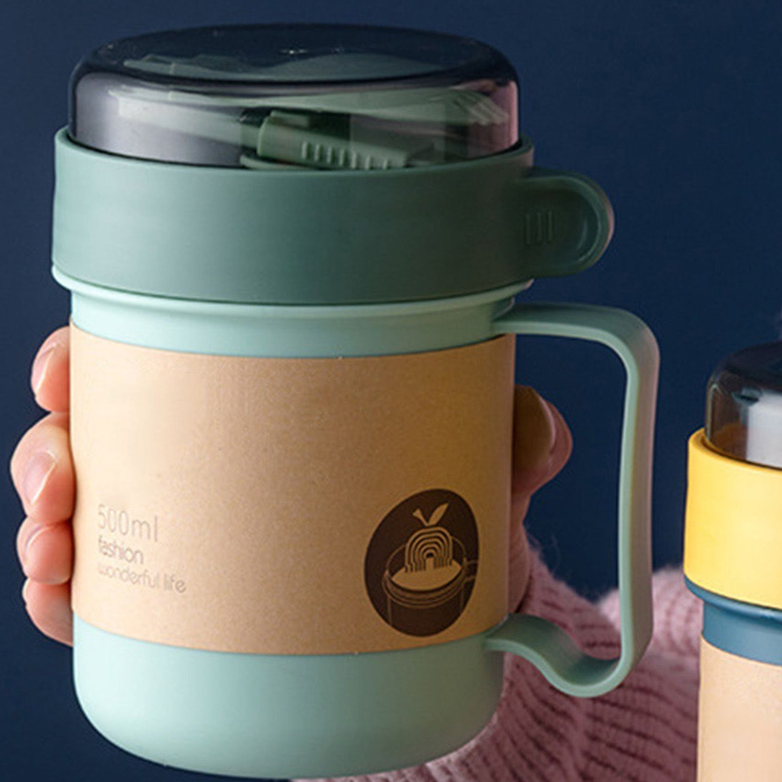 500ML Soup Cup Portable Steady Plastic Insulated Soup Containers with Lid and Spoon for Office School 500ML Green - Image 5