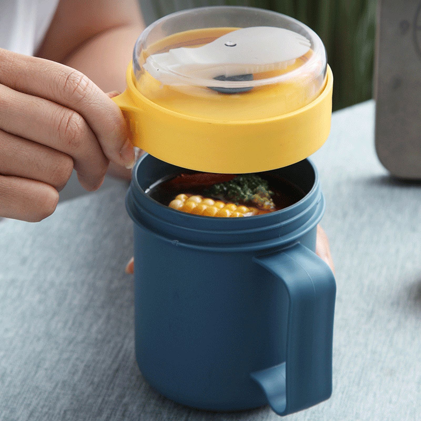 500ML Soup Cup Portable Steady Plastic Insulated Soup Containers with Lid and Spoon for Office School 500ML Blue - Image 5