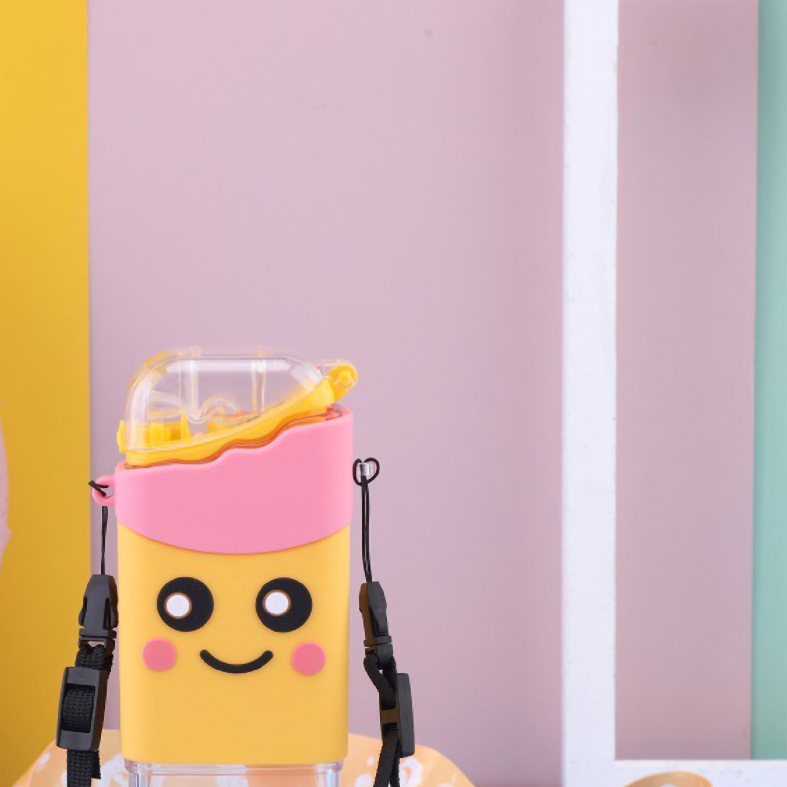 Portable Water Cup Cute Cartoon Design Large Capacity Plastic Water Bottle with Carry Cord Straw for Students Style 1 301ml‑400ml - Image 3