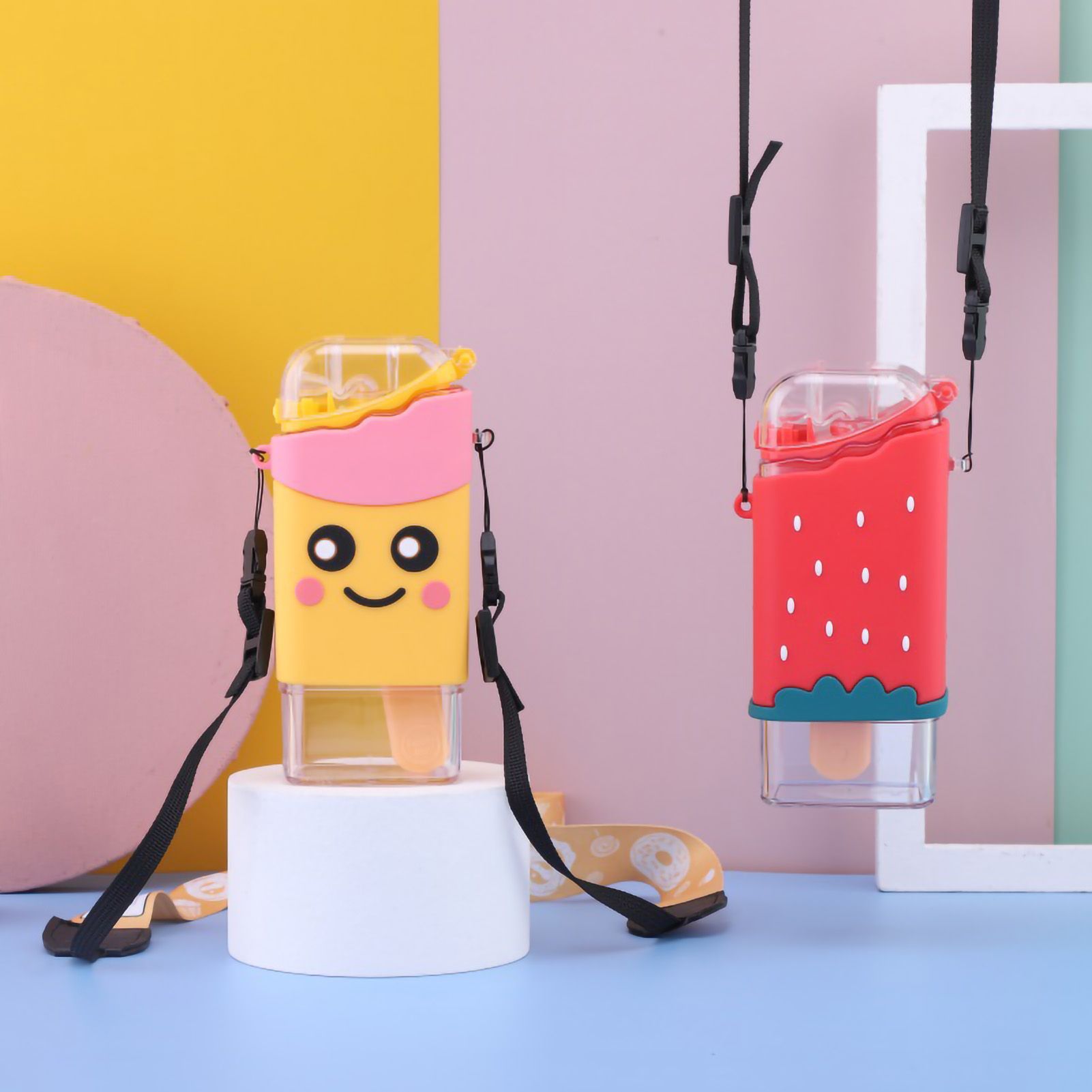 Portable Water Cup Cute Cartoon Design Large Capacity Plastic Water Bottle with Carry Cord Straw for Students Style 1 301ml‑400ml - Image 5