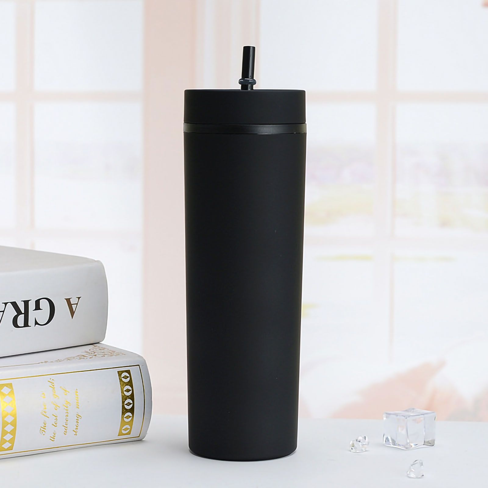 Straw Cup Colorful Plastic Simple Style Comfortable Hand Feeling Large Capacity Drinking Straw Bottle Black 16oz - Image 1