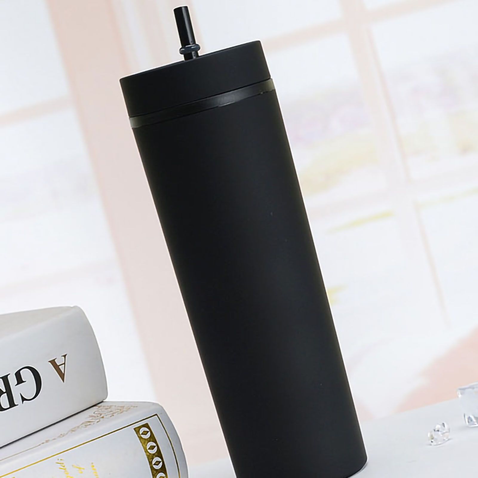 Straw Cup Colorful Plastic Simple Style Comfortable Hand Feeling Large Capacity Drinking Straw Bottle Black 16oz - Image 2