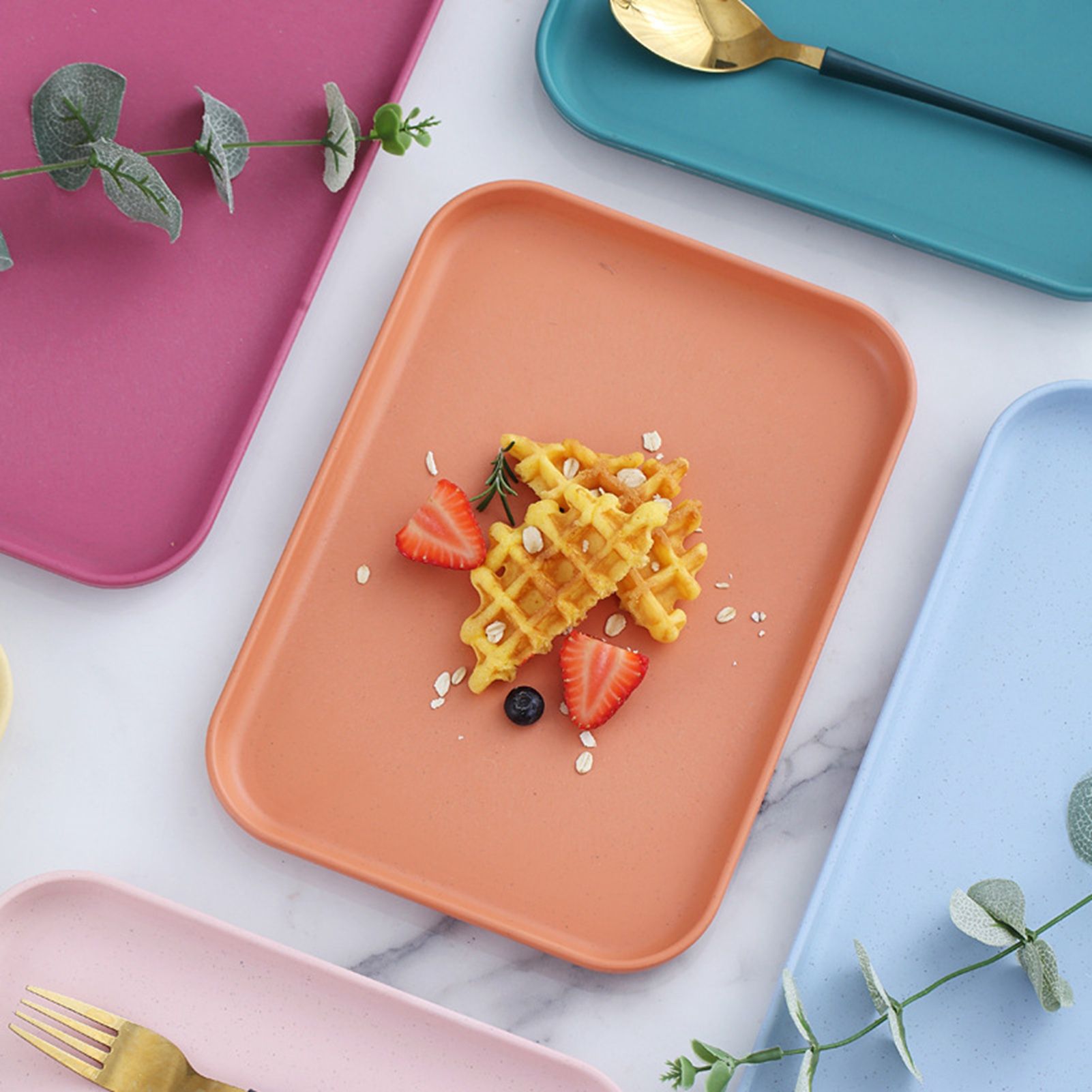 Kitchen Serving Tray Wheat Straw Rectangular Nordic Style Cupcake Fruit Snack Tea Tray for Home Office Restaurant Beige M (Size: Approx. 31x22.5cm / 12.2x8.9in) - Image 6
