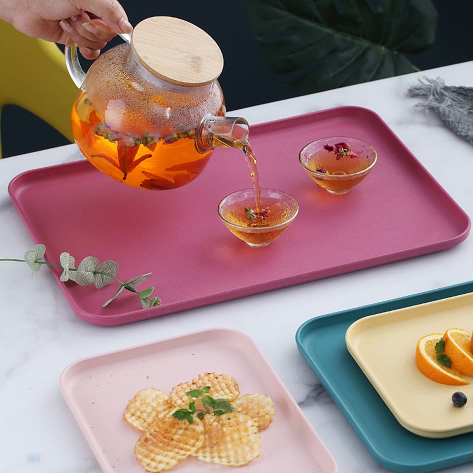 Kitchen Serving Tray Wheat Straw Rectangular Nordic Style Cupcake Fruit Snack Tea Tray for Home Office Restaurant Pink M (Size: Approx. 31x22.5cm / 12.2x8.9in) - Image 2