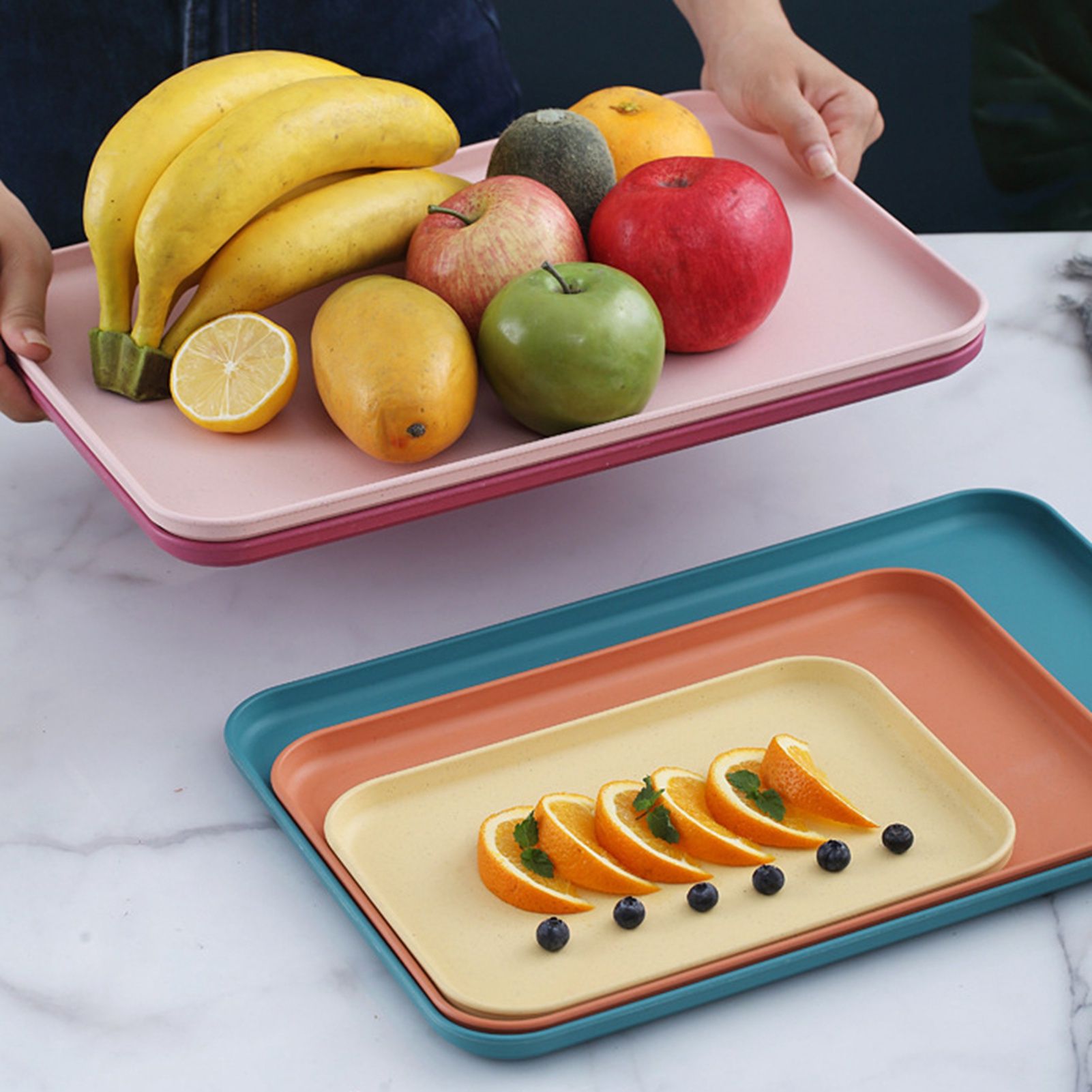 Kitchen Serving Tray Wheat Straw Rectangular Nordic Style Cupcake Fruit Snack Tea Tray for Home Office Restaurant Pink S (Approx. 25x17cm / 9.8x6.7in) - Image 3