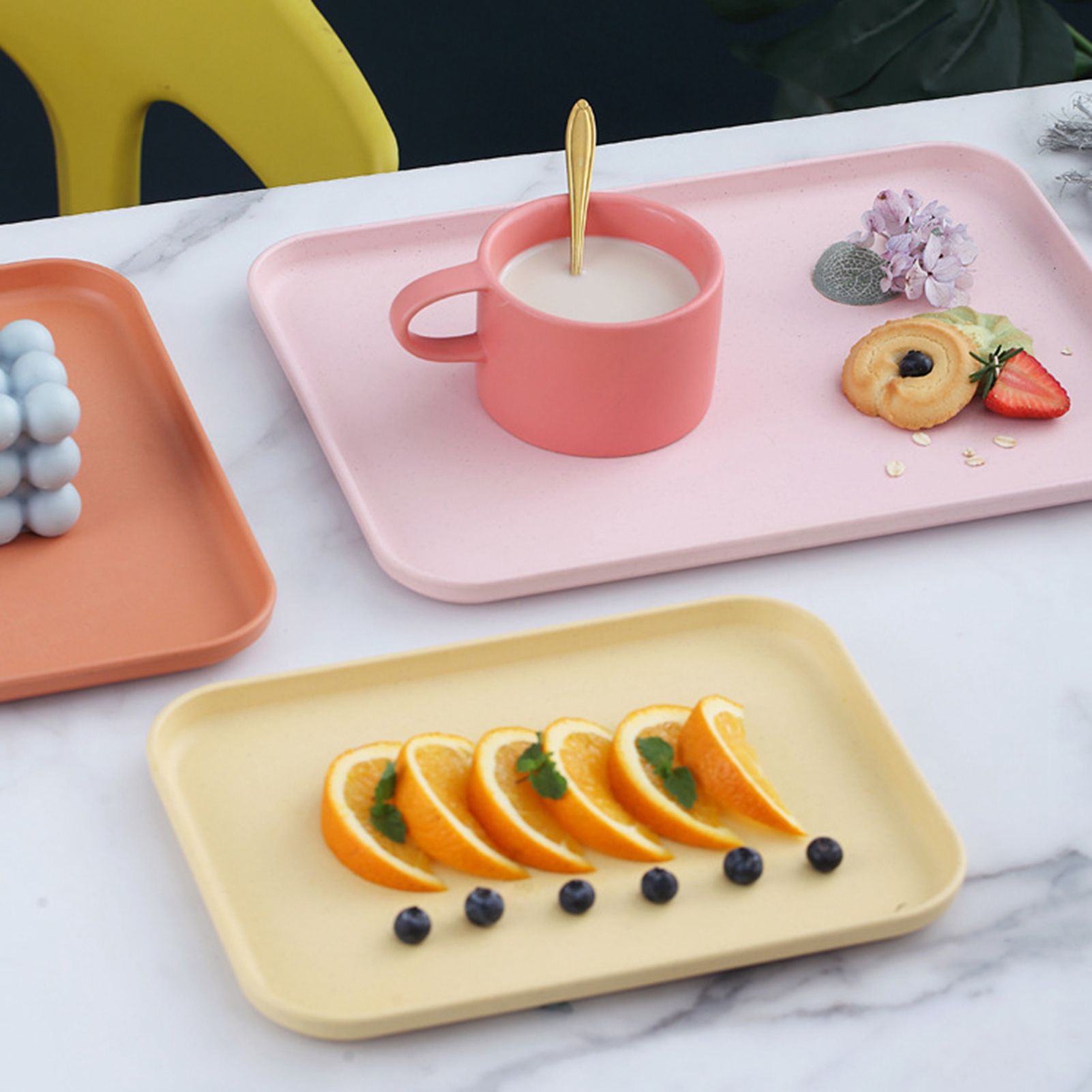 Kitchen Serving Tray Wheat Straw Rectangular Nordic Style Cupcake Fruit Snack Tea Tray for Home Office Restaurant Light Blue S (Approx. 25x17cm / 9.8x6.7in) - Image 3