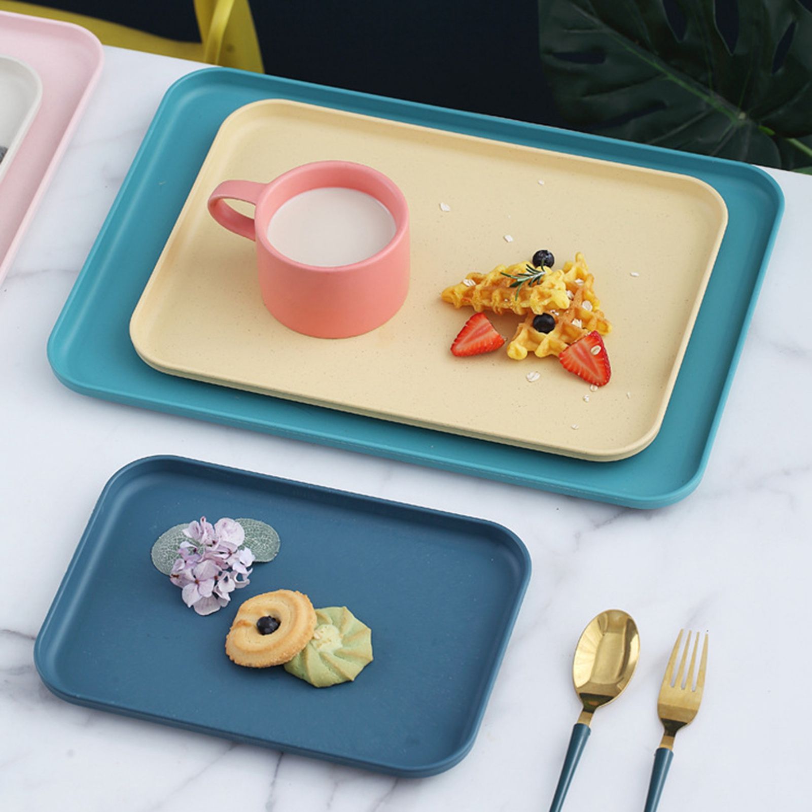Kitchen Serving Tray Wheat Straw Rectangular Nordic Style Cupcake Fruit Snack Tea Tray for Home Office Restaurant Light Blue S (Approx. 25x17cm / 9.8x6.7in) - Image 4