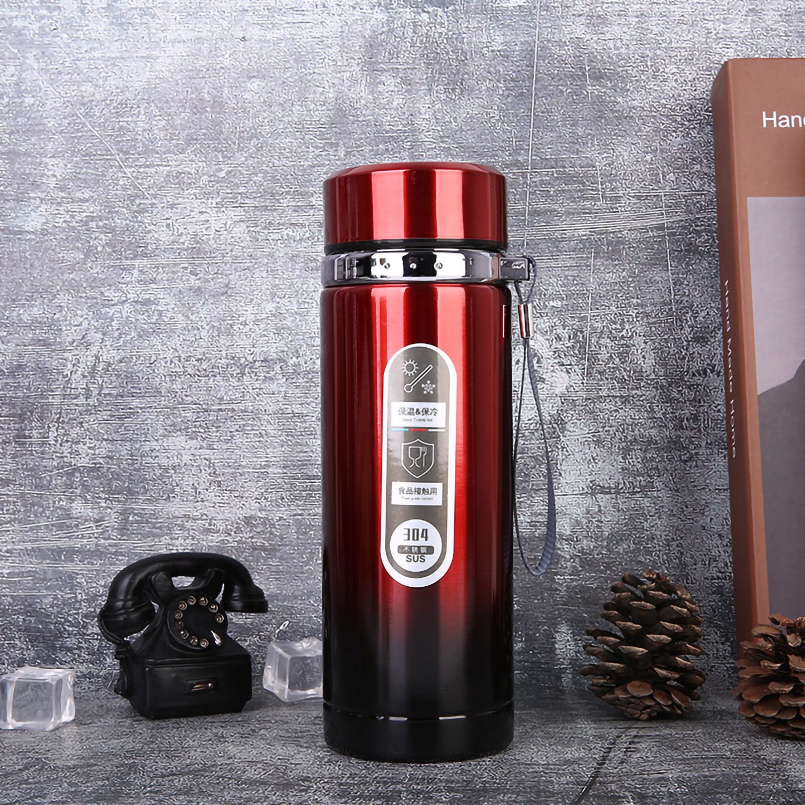 Vacuum Cup Stainless Steel Portable Large Mouth Insulated Bottle with Hand String for Business Travel Office Daily Red 1000ml - Image 1