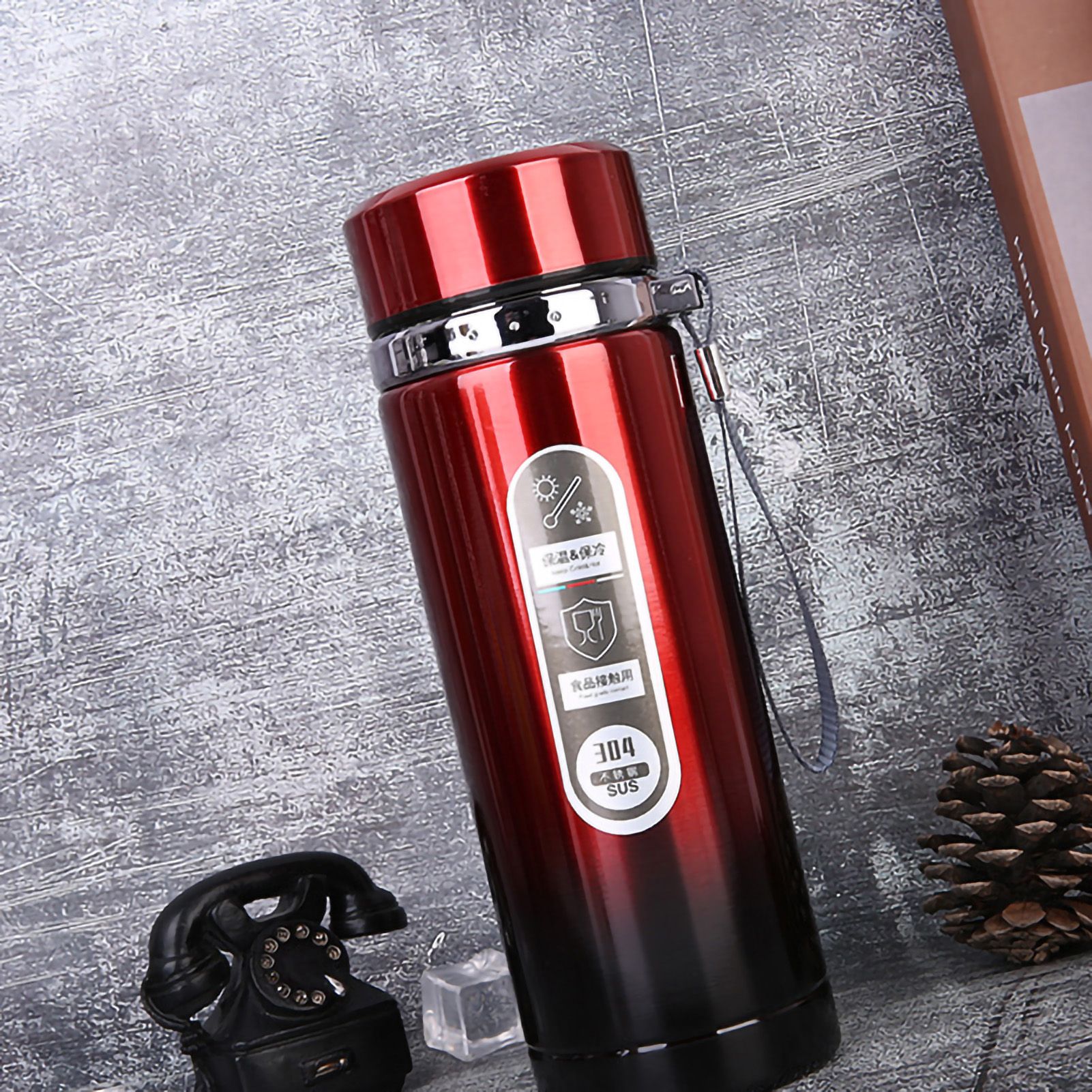 Vacuum Cup Stainless Steel Portable Large Mouth Insulated Bottle with Hand String for Business Travel Office Daily Red 1000ml - Image 2