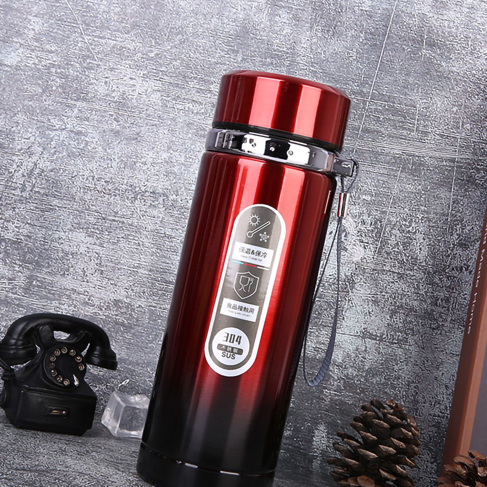 Vacuum Cup Stainless Steel Portable Large Mouth Insulated Bottle with Hand String for Business Travel Office Daily Red 1000ml - Image 5